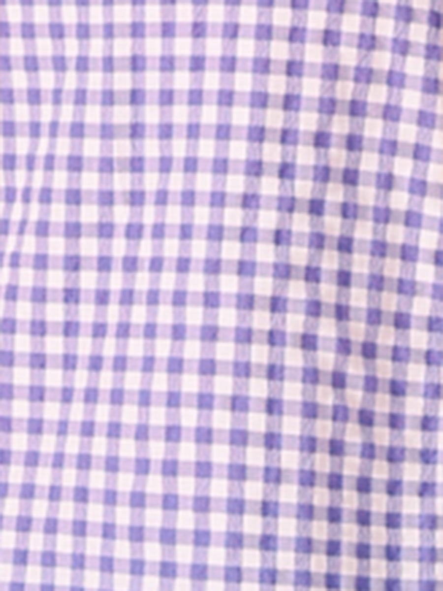 Square Neck Short Sleeves Gingham Plaid Blouse