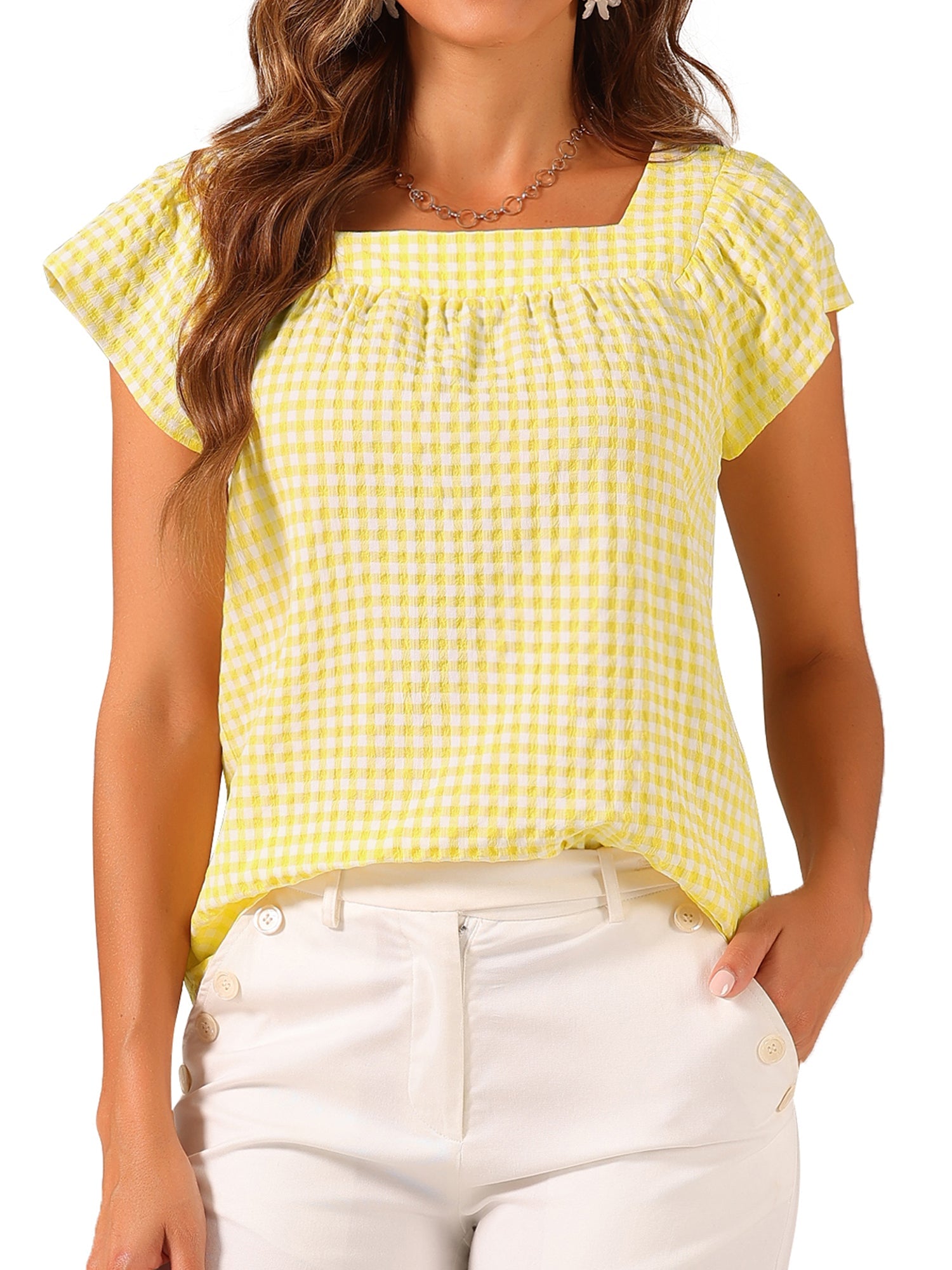 Square Neck Short Sleeves Gingham Plaid Blouse