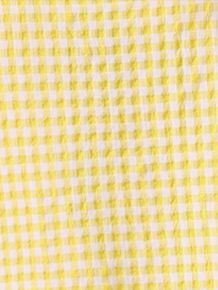 Square Neck Short Sleeves Gingham Plaid Blouse