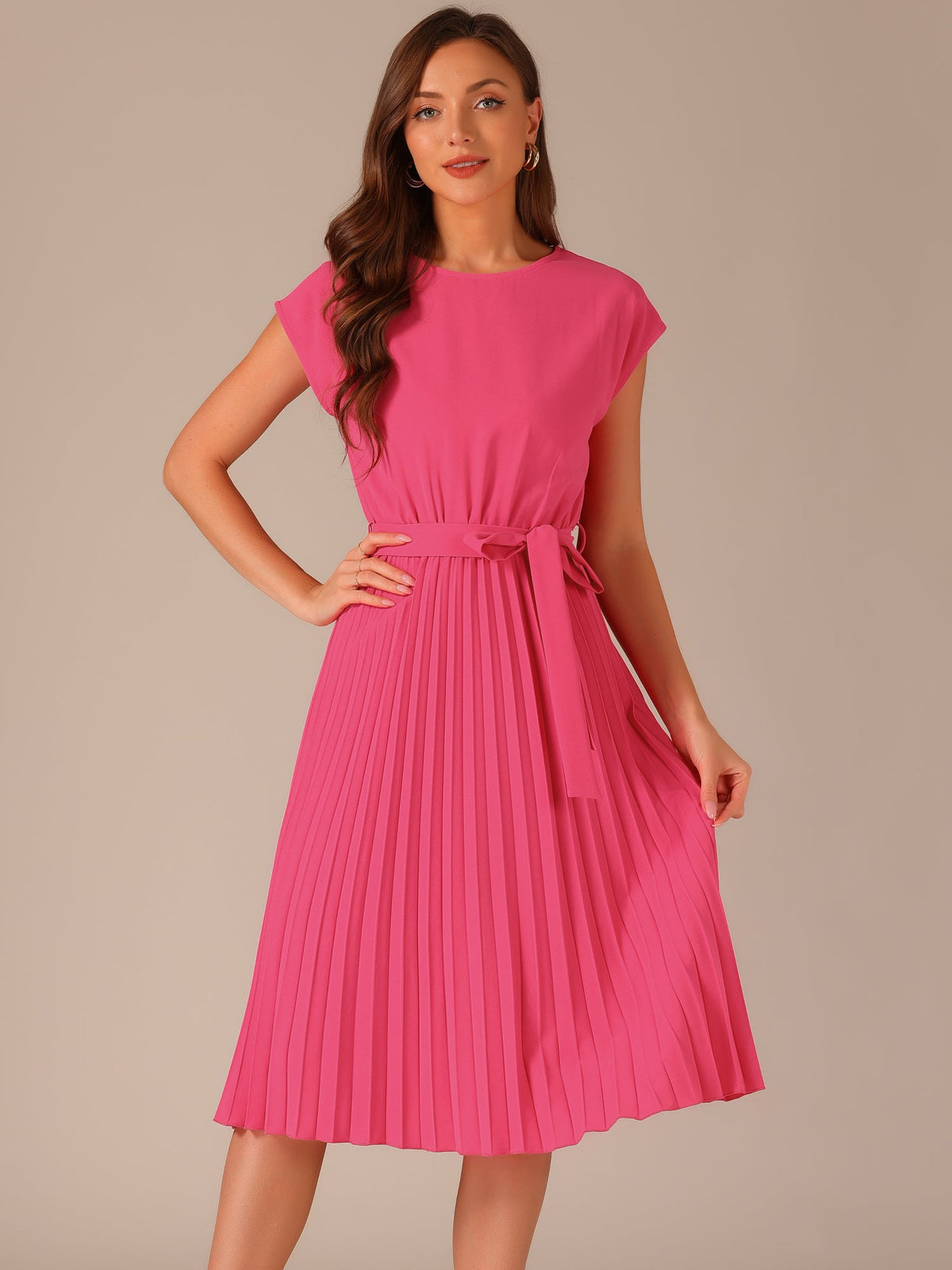 Crew Neck Sleeveless Tie Waist A-Line Pleated Dress