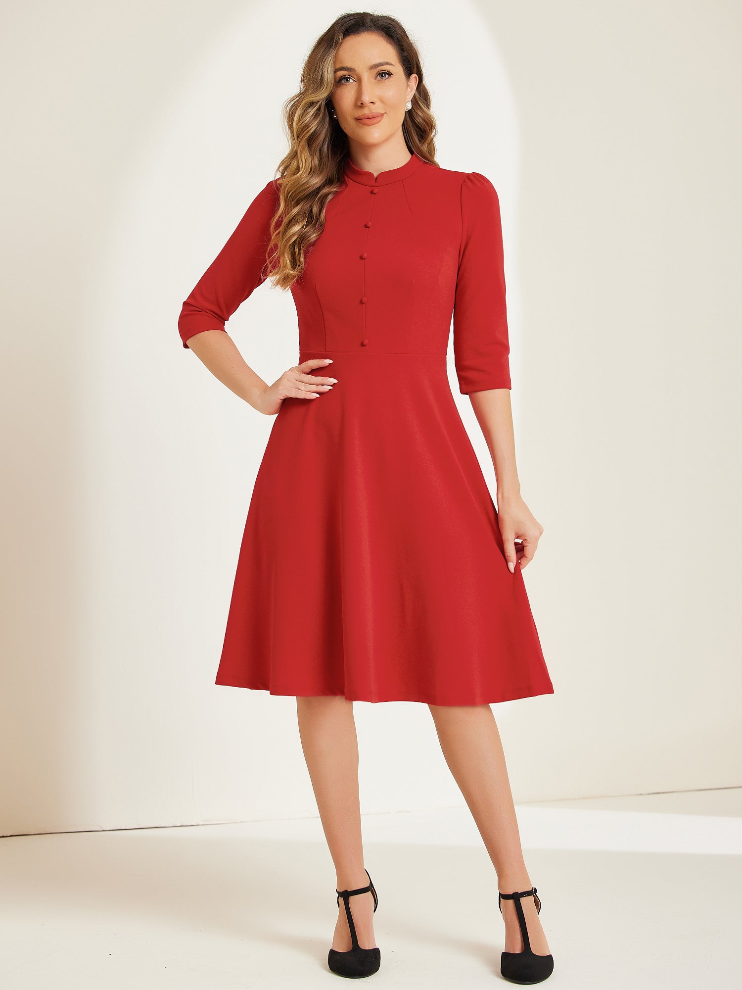 Retro 3/4 Sleeve Stand Collar Office Work Elegant A-Line Dress