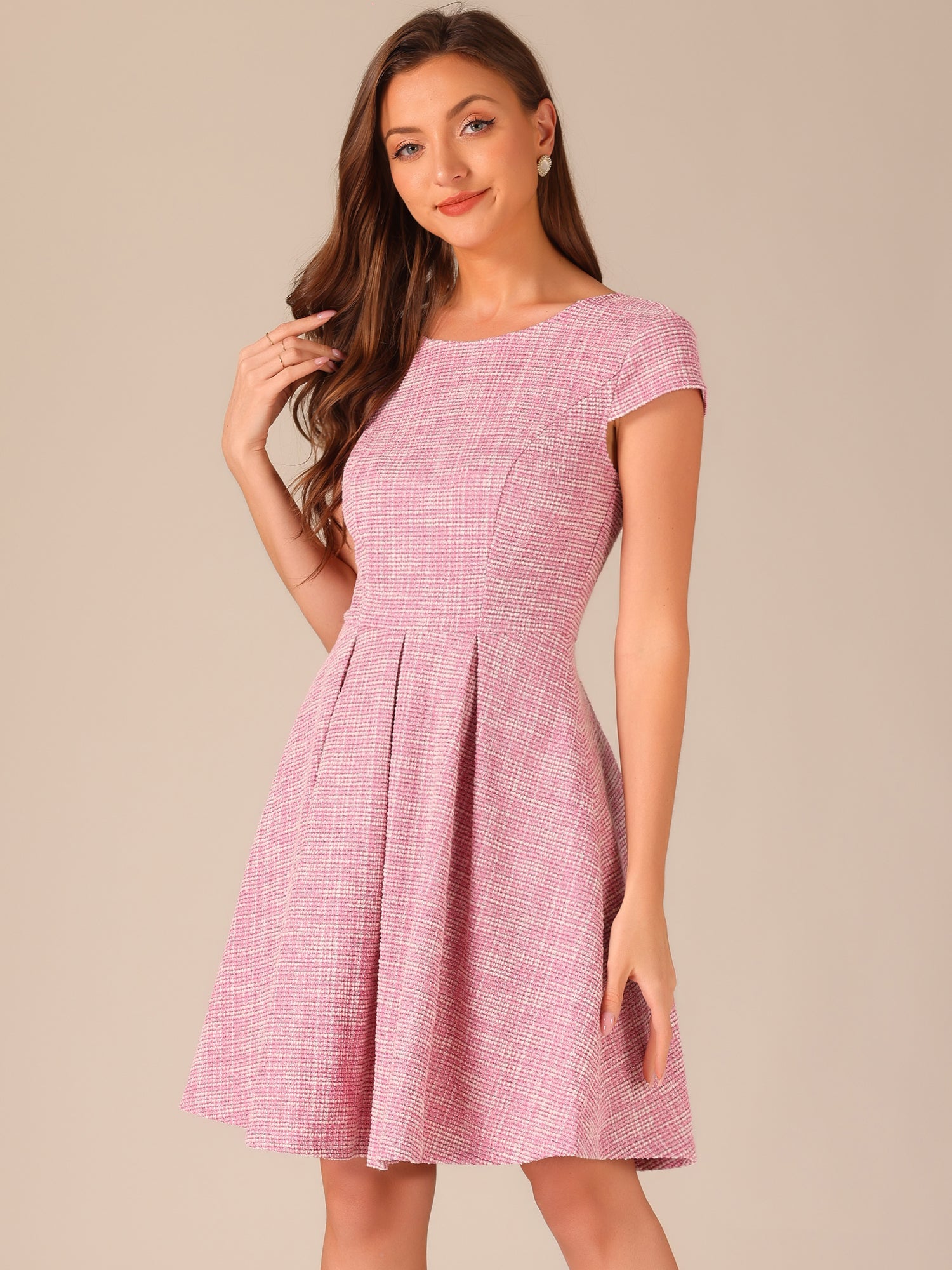 Plaid Tweed Round Neck Cap Sleeve A-Line Vintage Pleated Dress