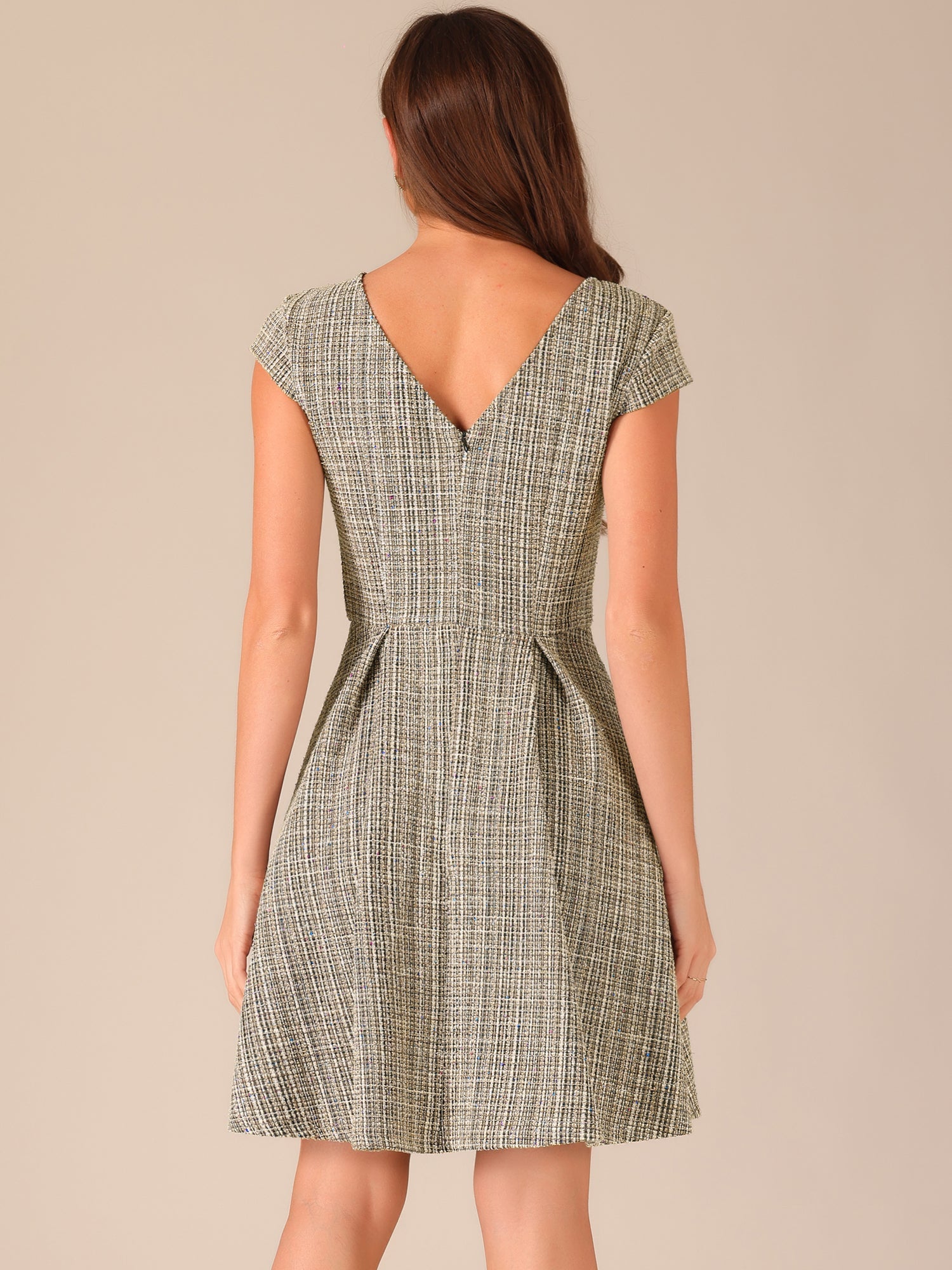 Plaid Tweed Round Neck Cap Sleeve A-Line Vintage Pleated Dress
