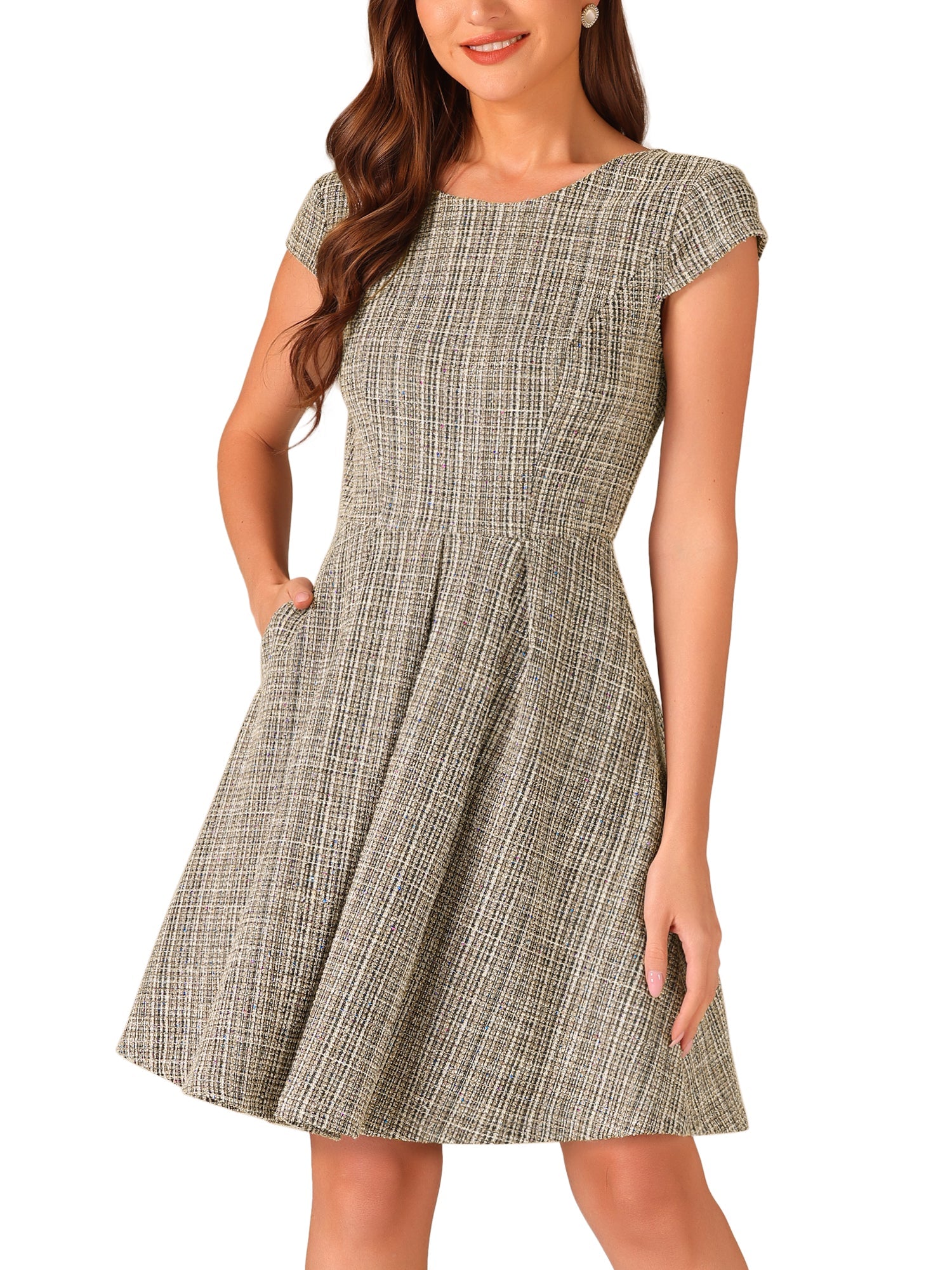 Plaid Tweed Round Neck Cap Sleeve A-Line Vintage Pleated Dress