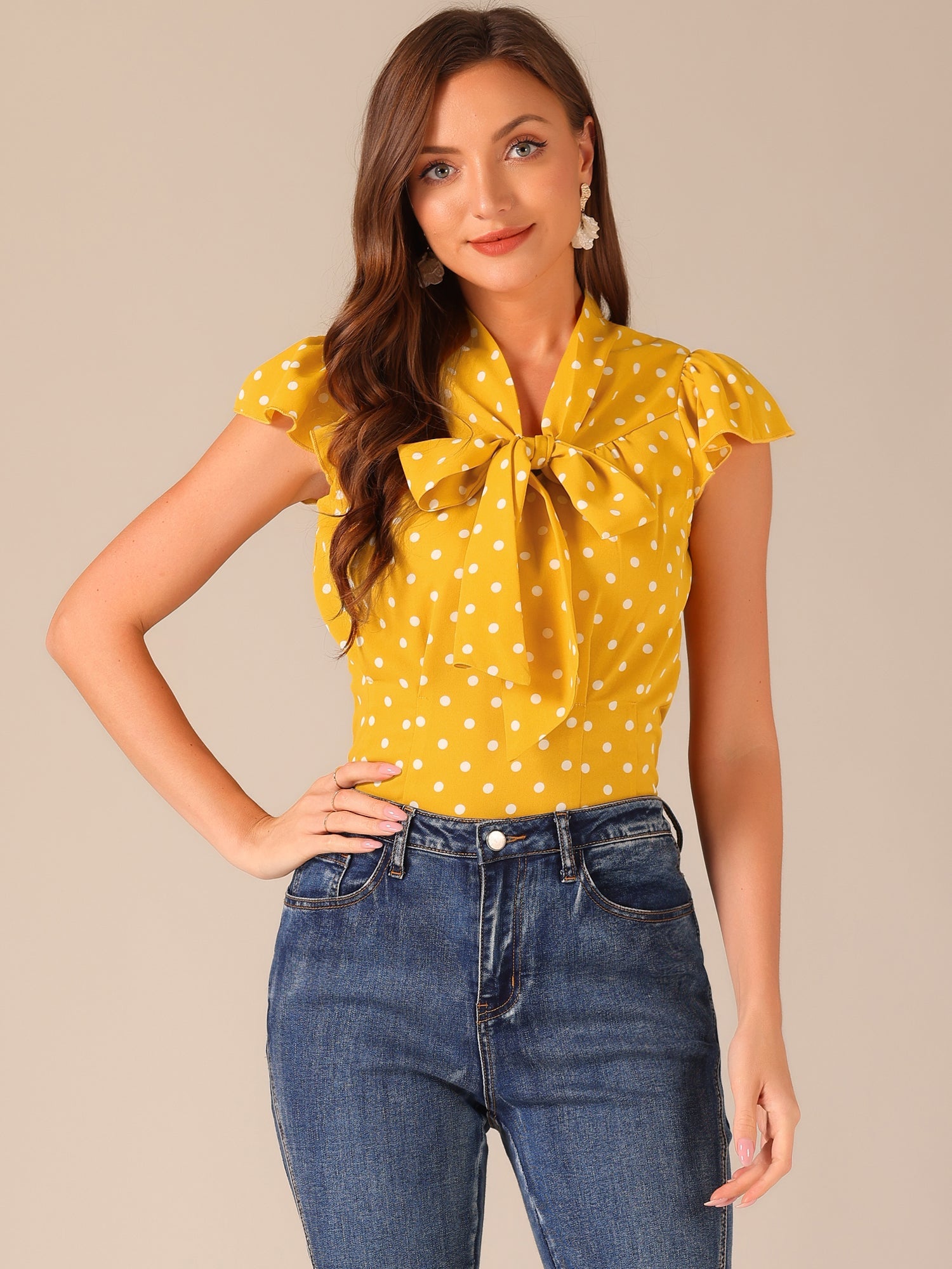 Summer Polka Dots Top Bow Tie V Neck Ruffled Cap Sleeve Office Blouse