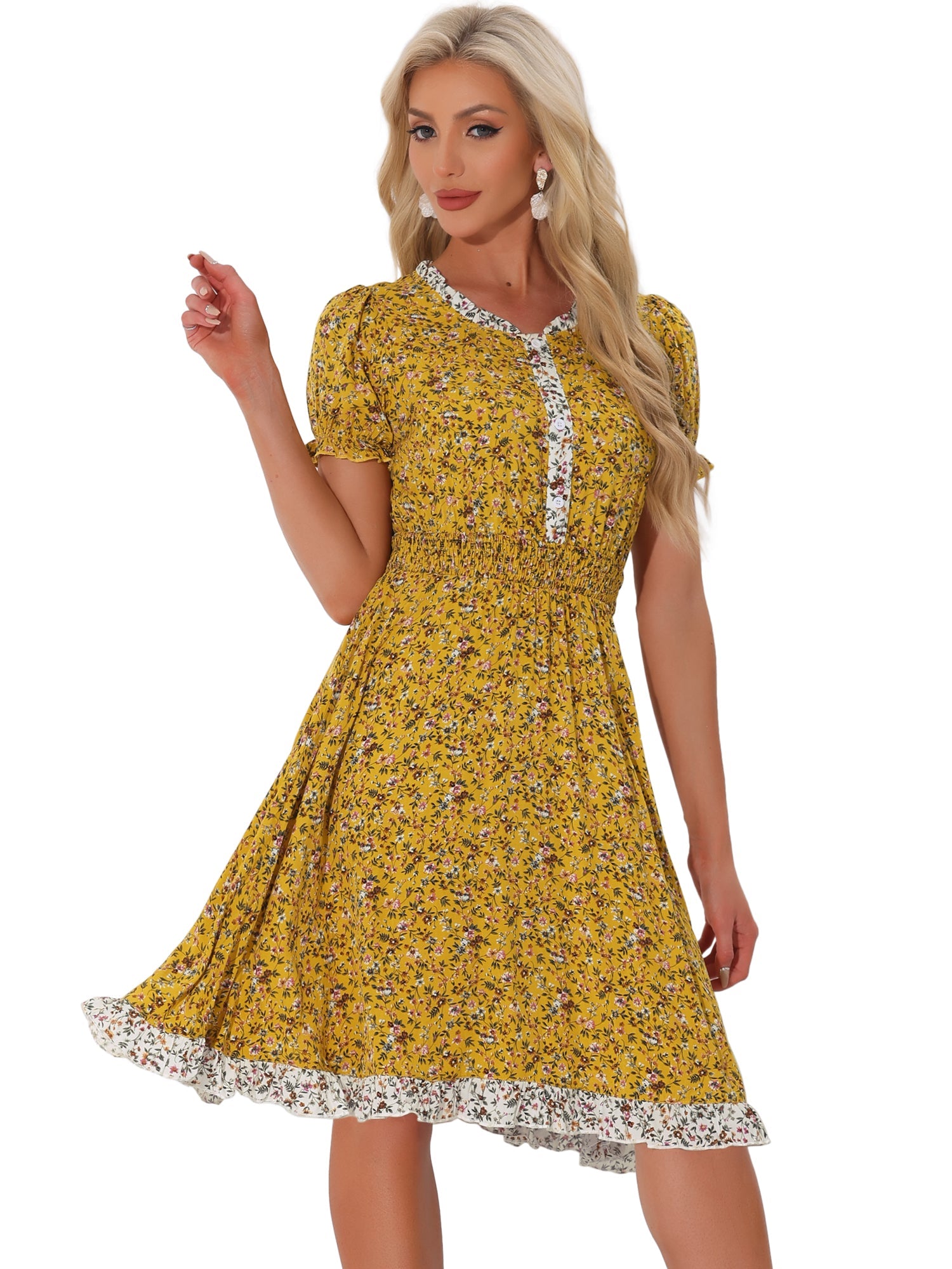 Floral Ruffle Neck Smocked Waist Short Sleeve Midi Dress