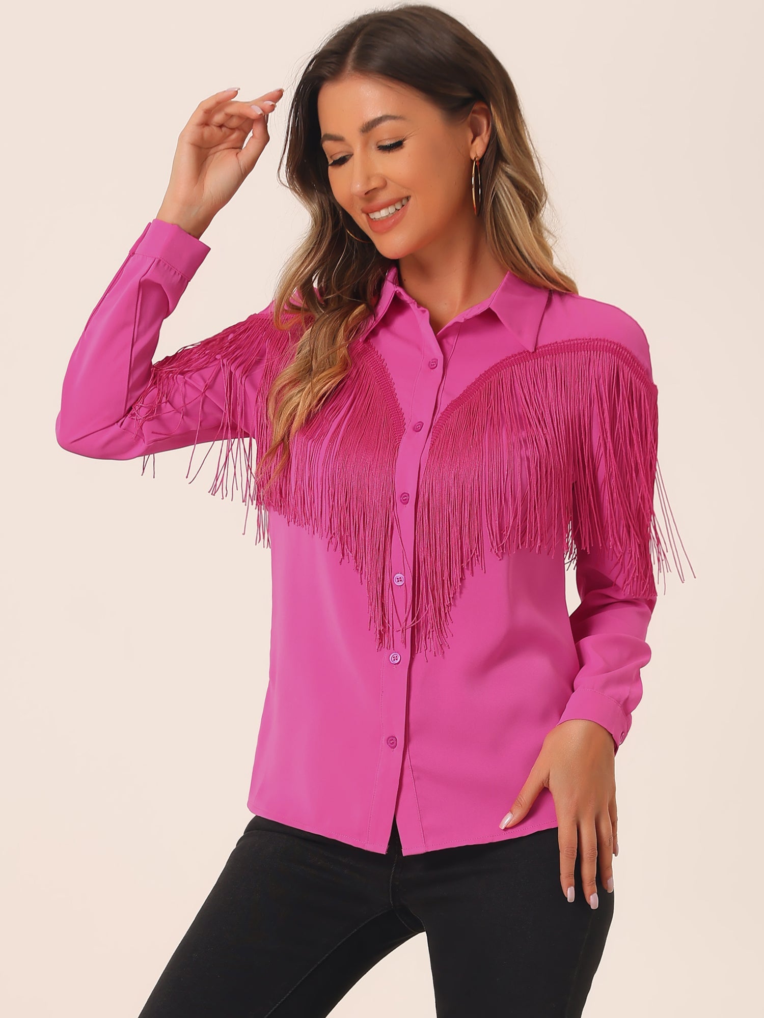 Glitter Fringe Long Sleeve Button Down Disco Party Cowgirl Blouse