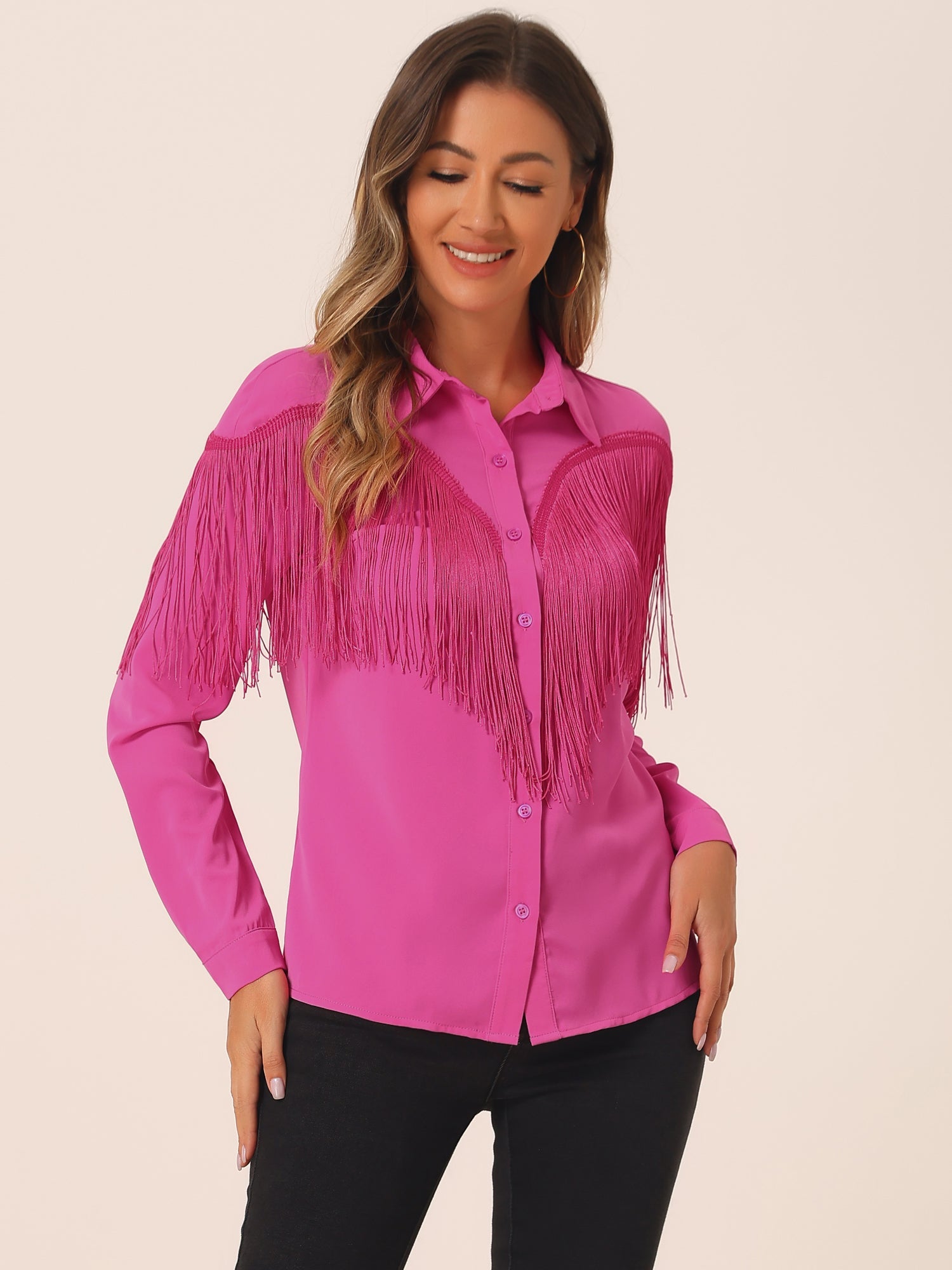 Glitter Fringe Long Sleeve Button Down Disco Party Cowgirl Blouse