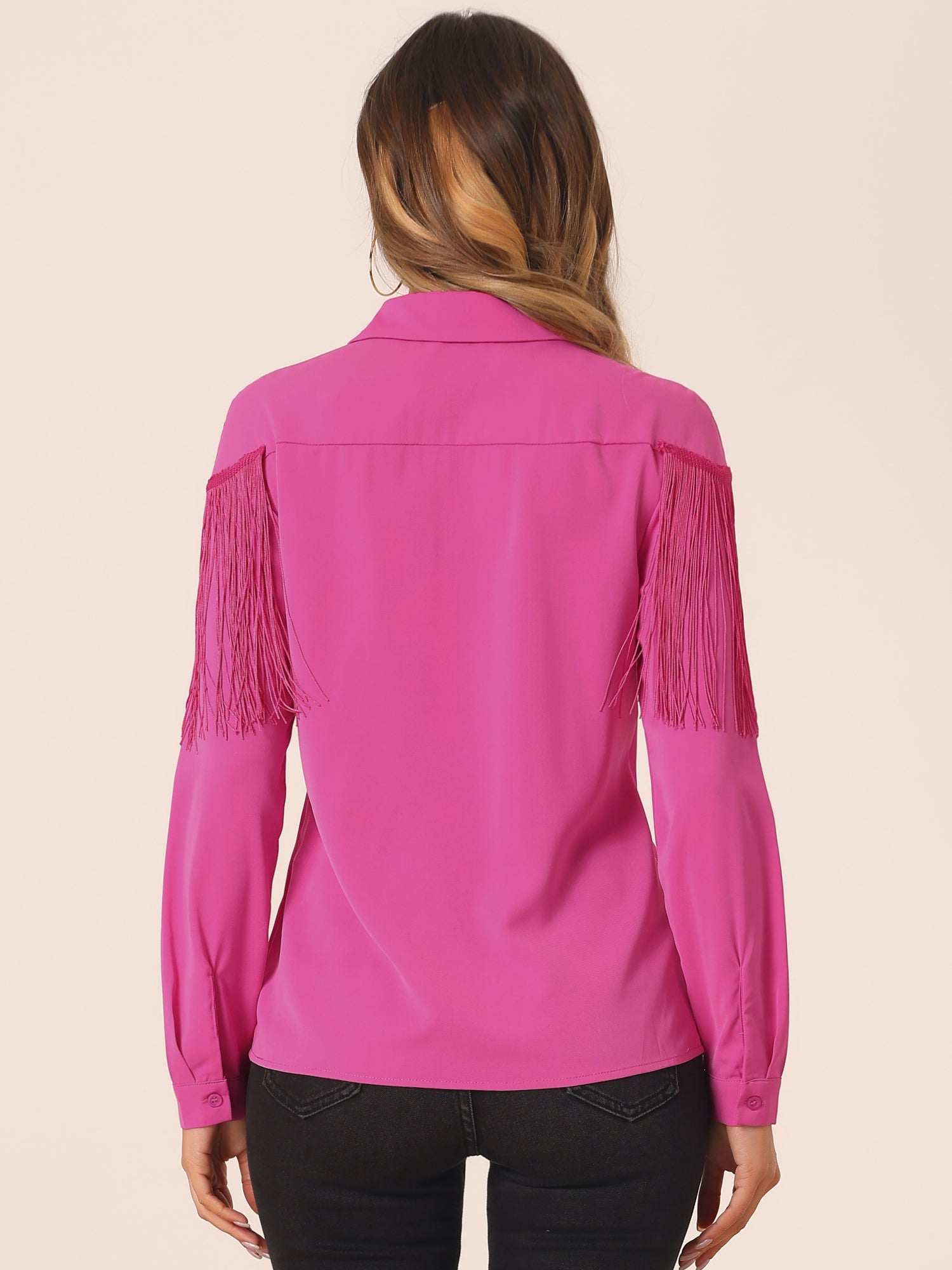 Glitter Fringe Long Sleeve Button Down Disco Party Cowgirl Blouse