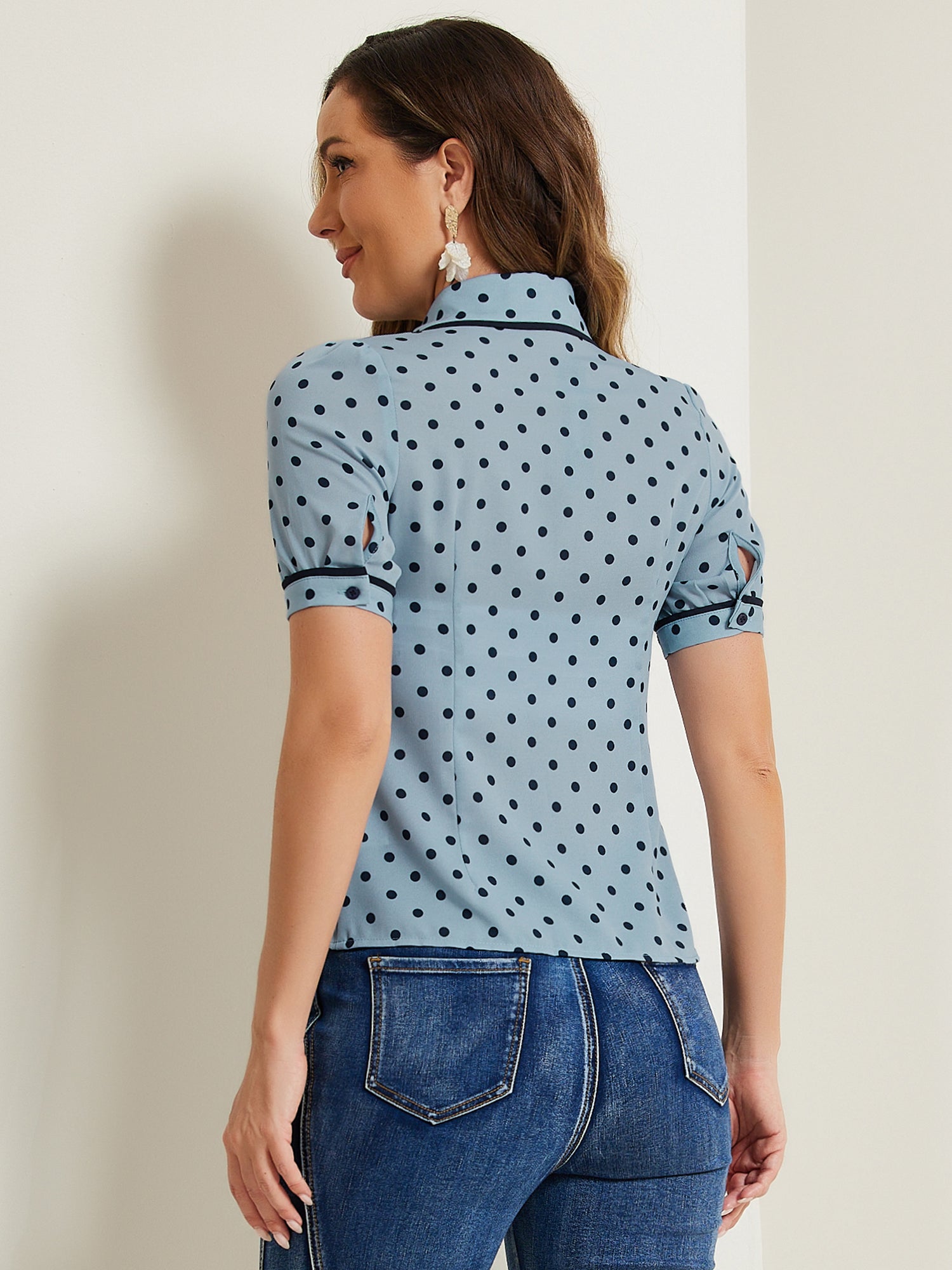 Polka Dot Peter Pan Collar Bow Tie Neck Puff Sleeve Vintage Shirt