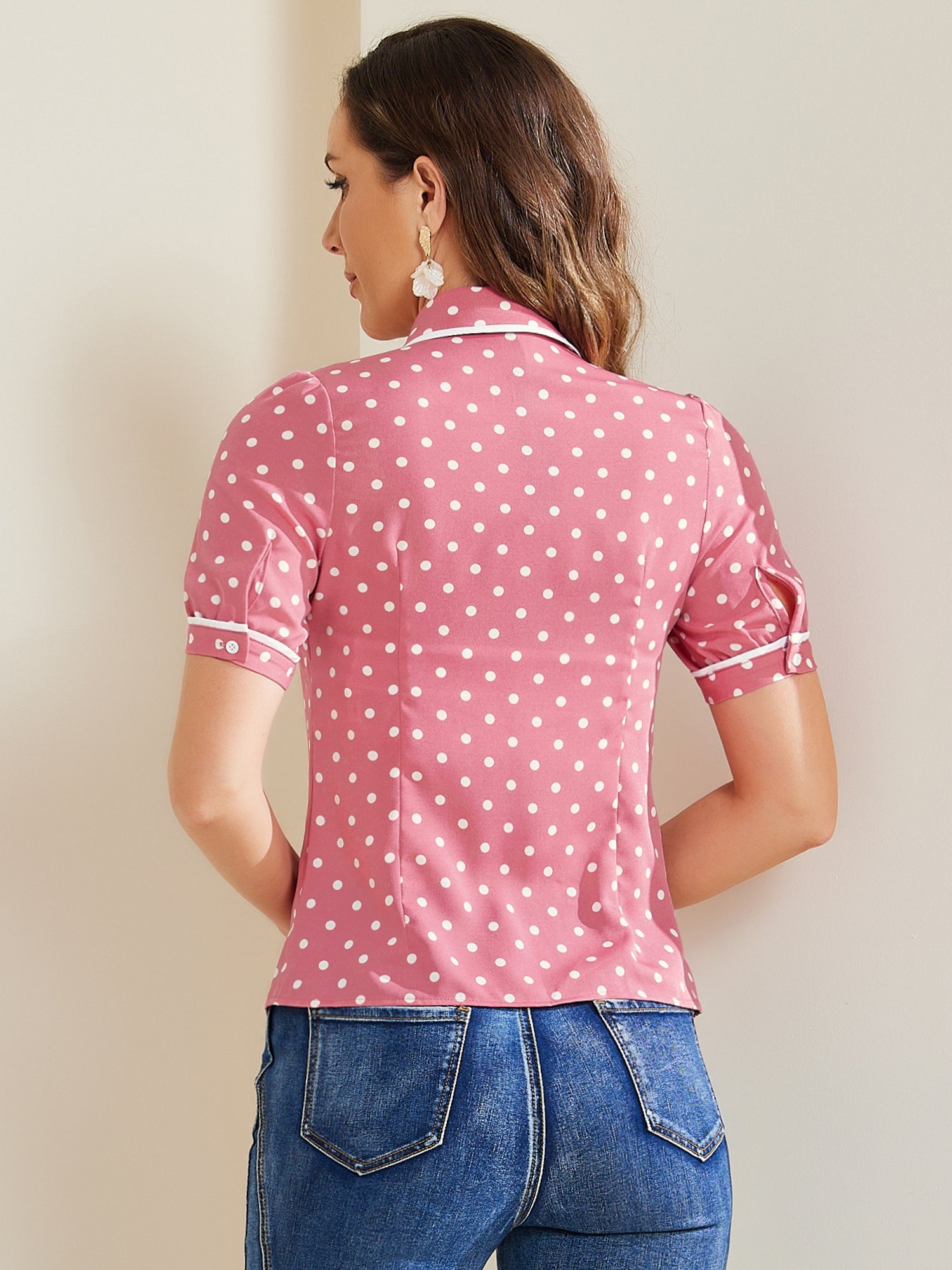 Polka Dot Peter Pan Collar Bow Tie Neck Puff Sleeve Vintage Shirt