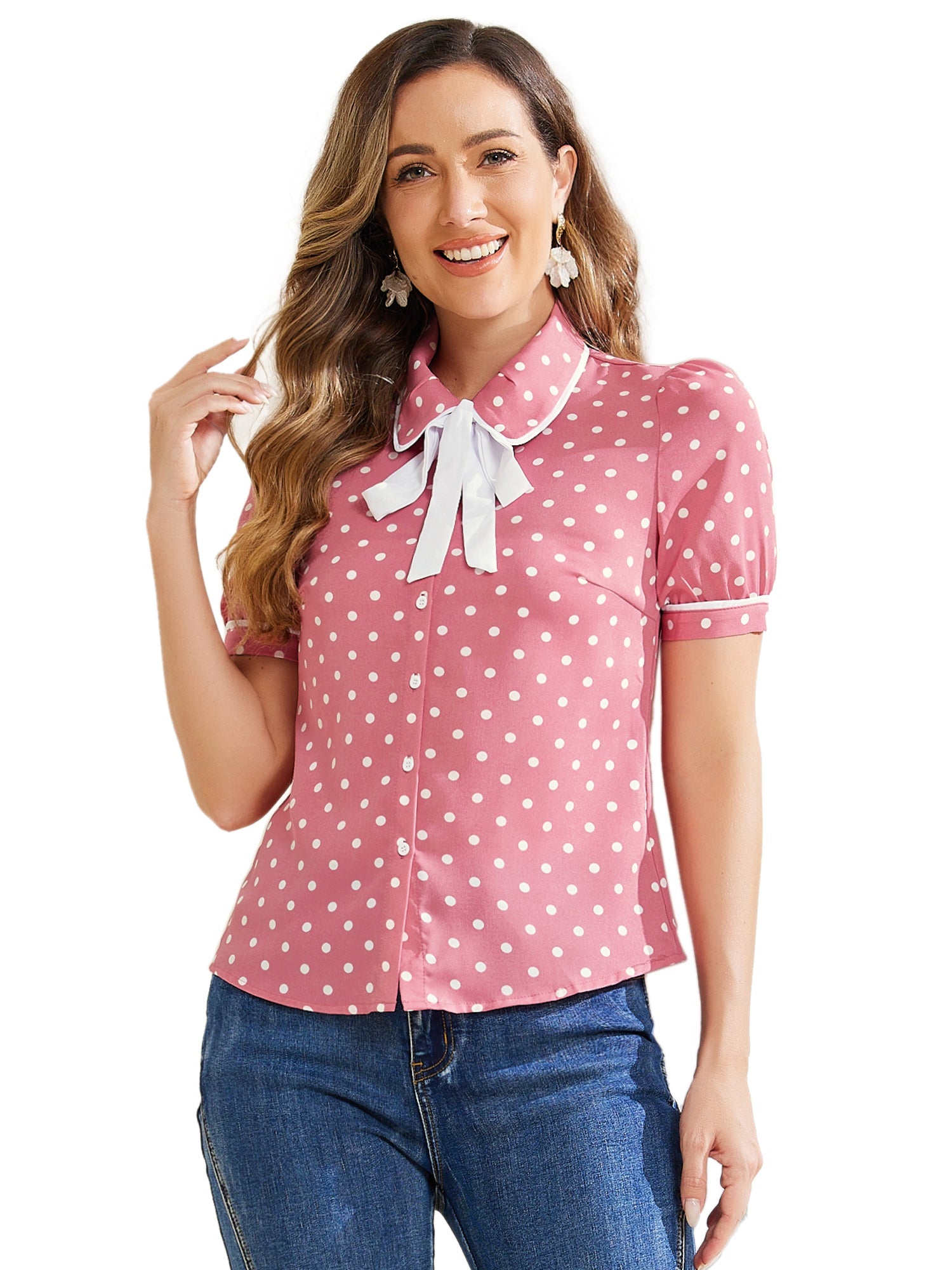 Polka Dot Peter Pan Collar Bow Tie Neck Puff Sleeve Vintage Shirt