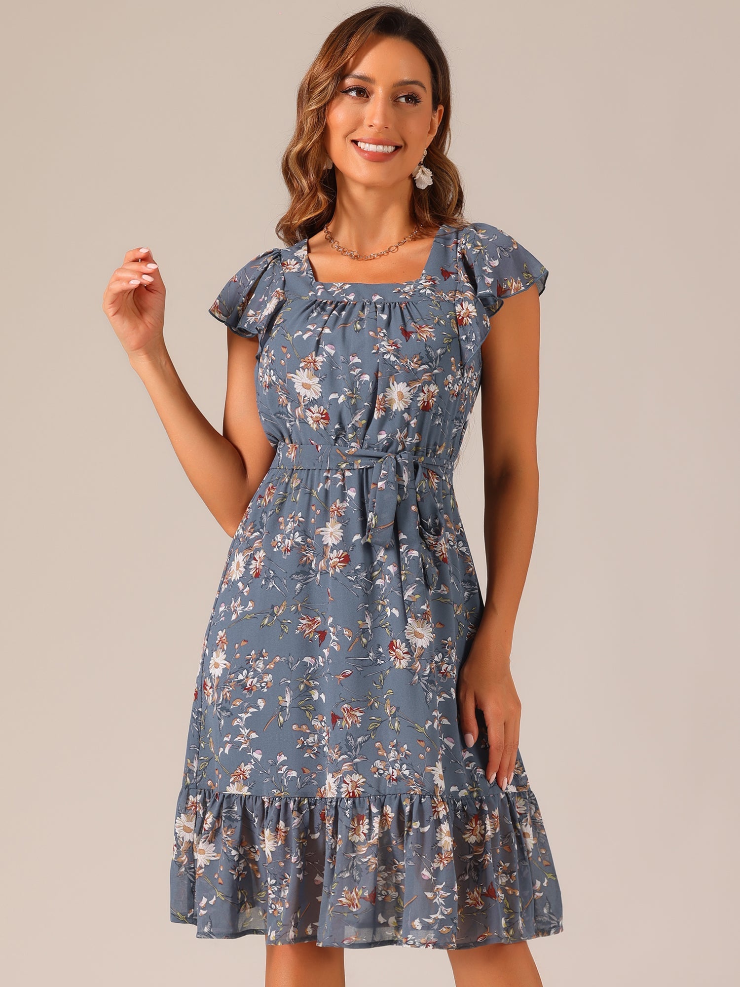 Floral Chiffon Flutter Sleeve Belted Square Neck Ruffled Hem Dress