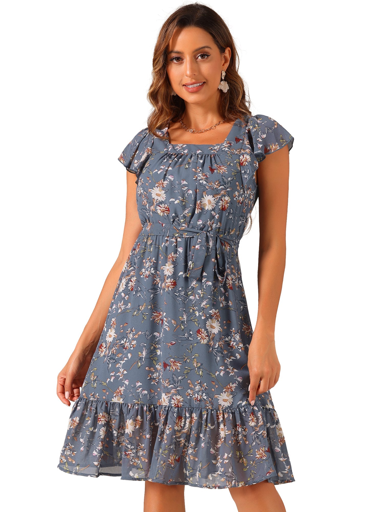 Floral Chiffon Flutter Sleeve Belted Square Neck Ruffled Hem Dress