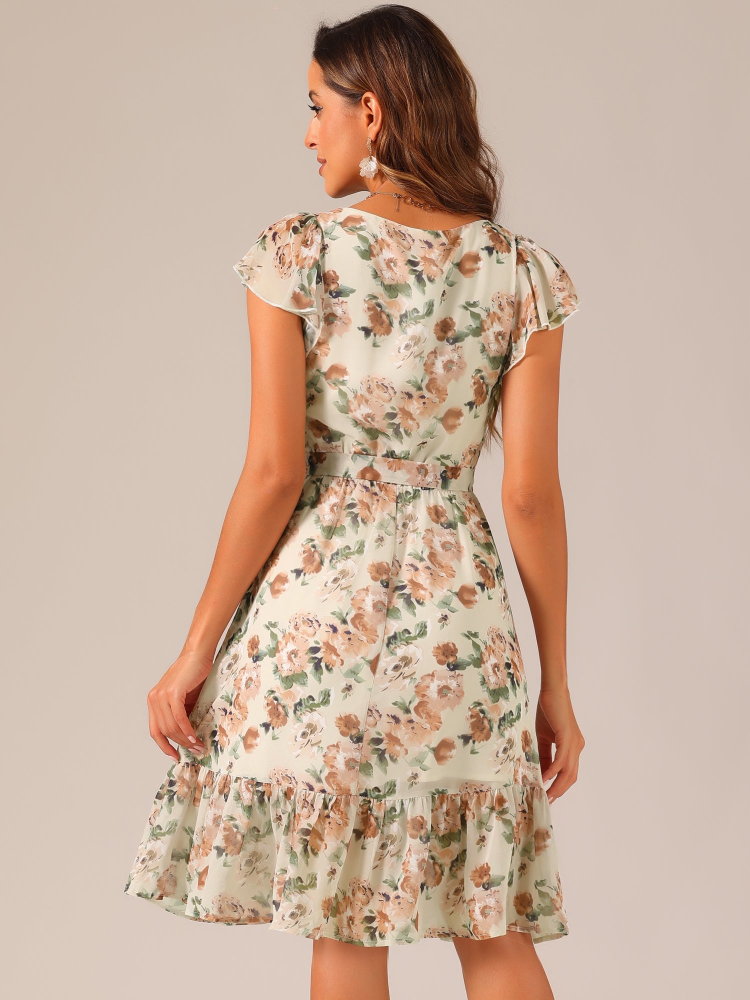Floral Chiffon Flutter Sleeve Belted Square Neck Ruffled Hem Dress