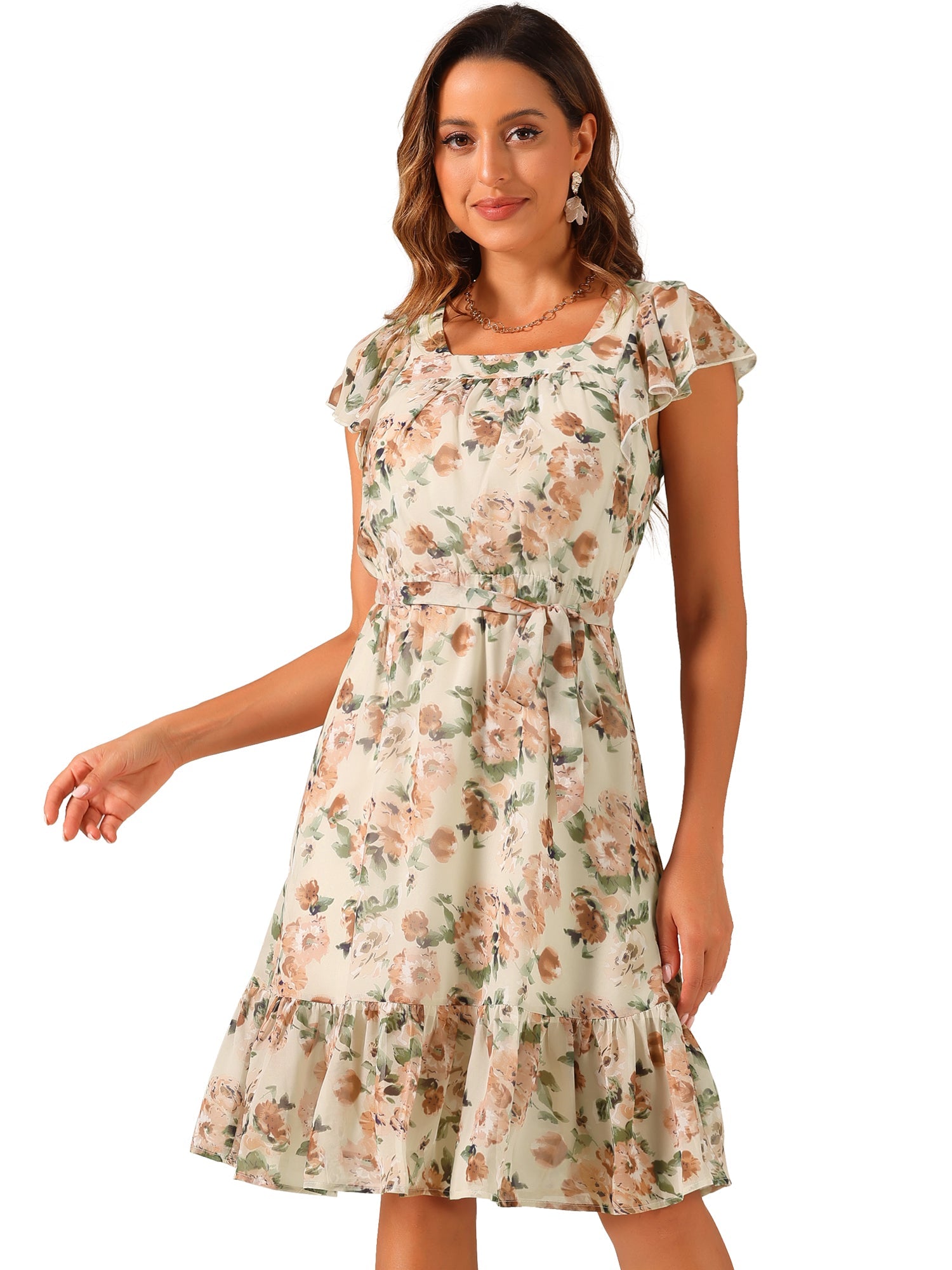 Floral Chiffon Flutter Sleeve Belted Square Neck Ruffled Hem Dress
