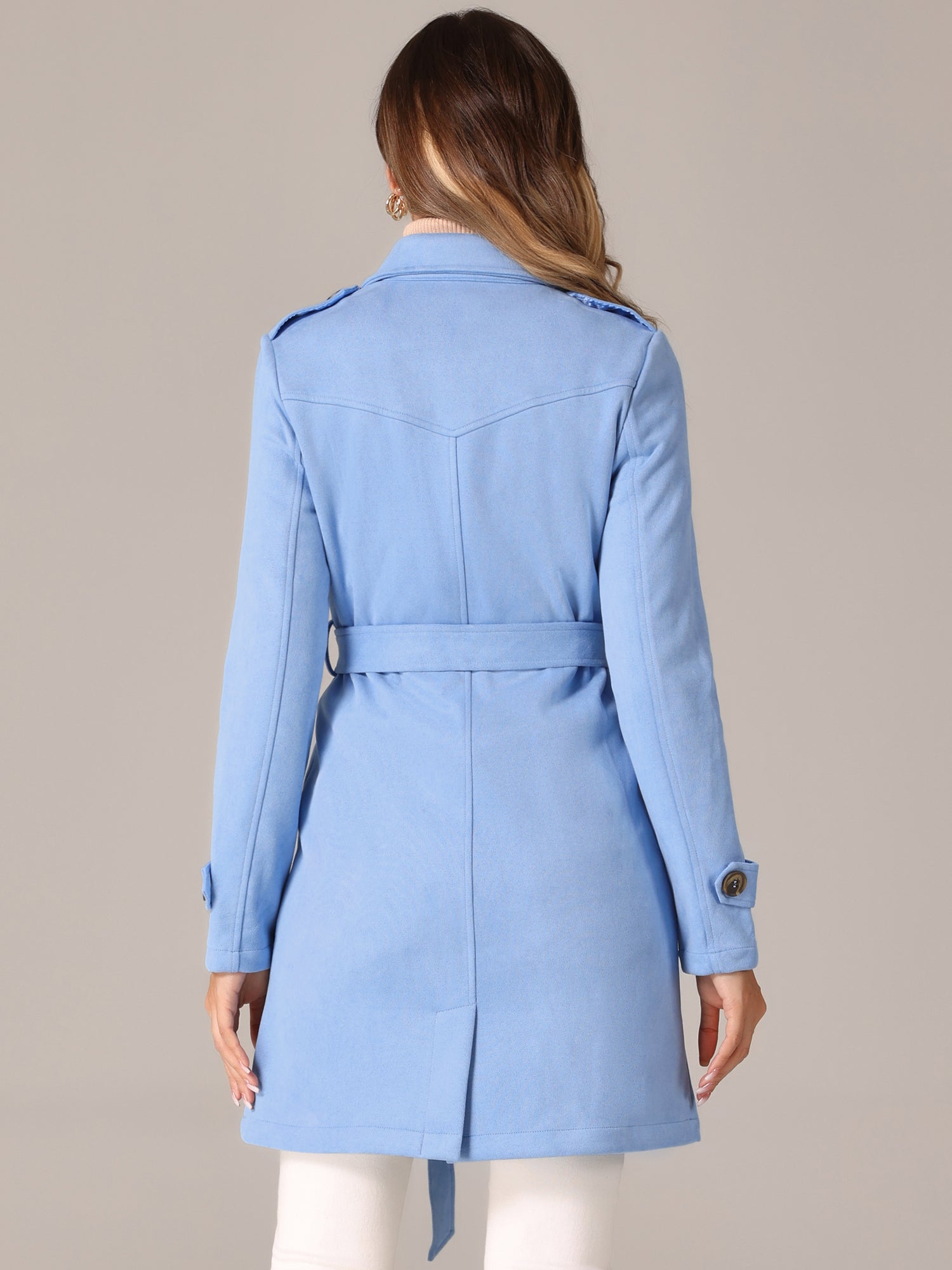 Notched Lapel Double Breasted Faux Suede Trench Coat Jacket with Belt