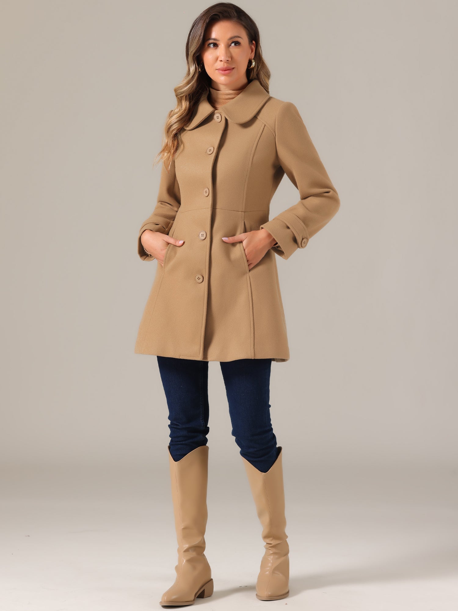 Peter Pan Collar Single Breasted Winter Outwear Buttoned Long Coat