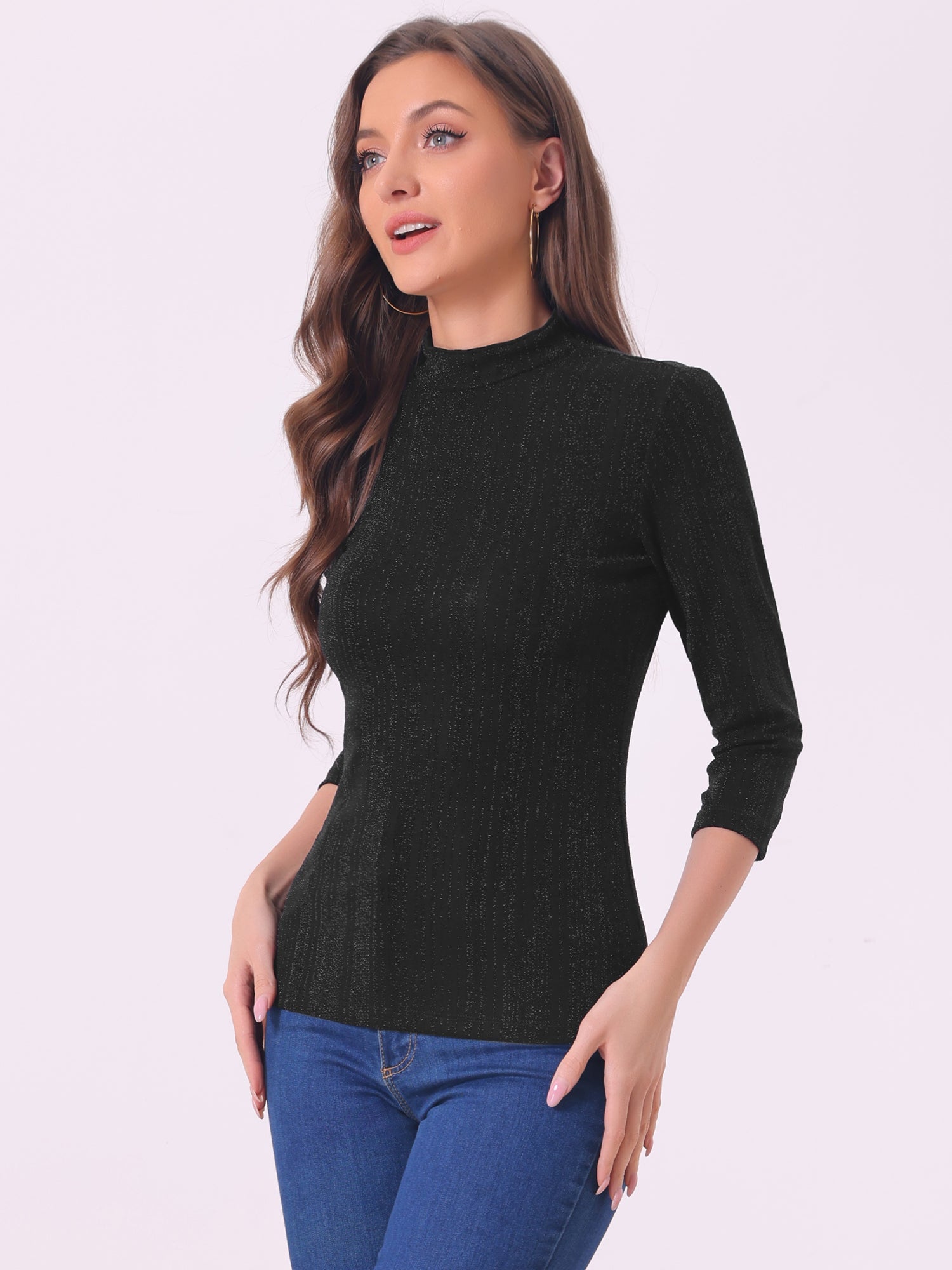 Party Glitter 3/4 Sleeve Shiny Striped Metallic Tops