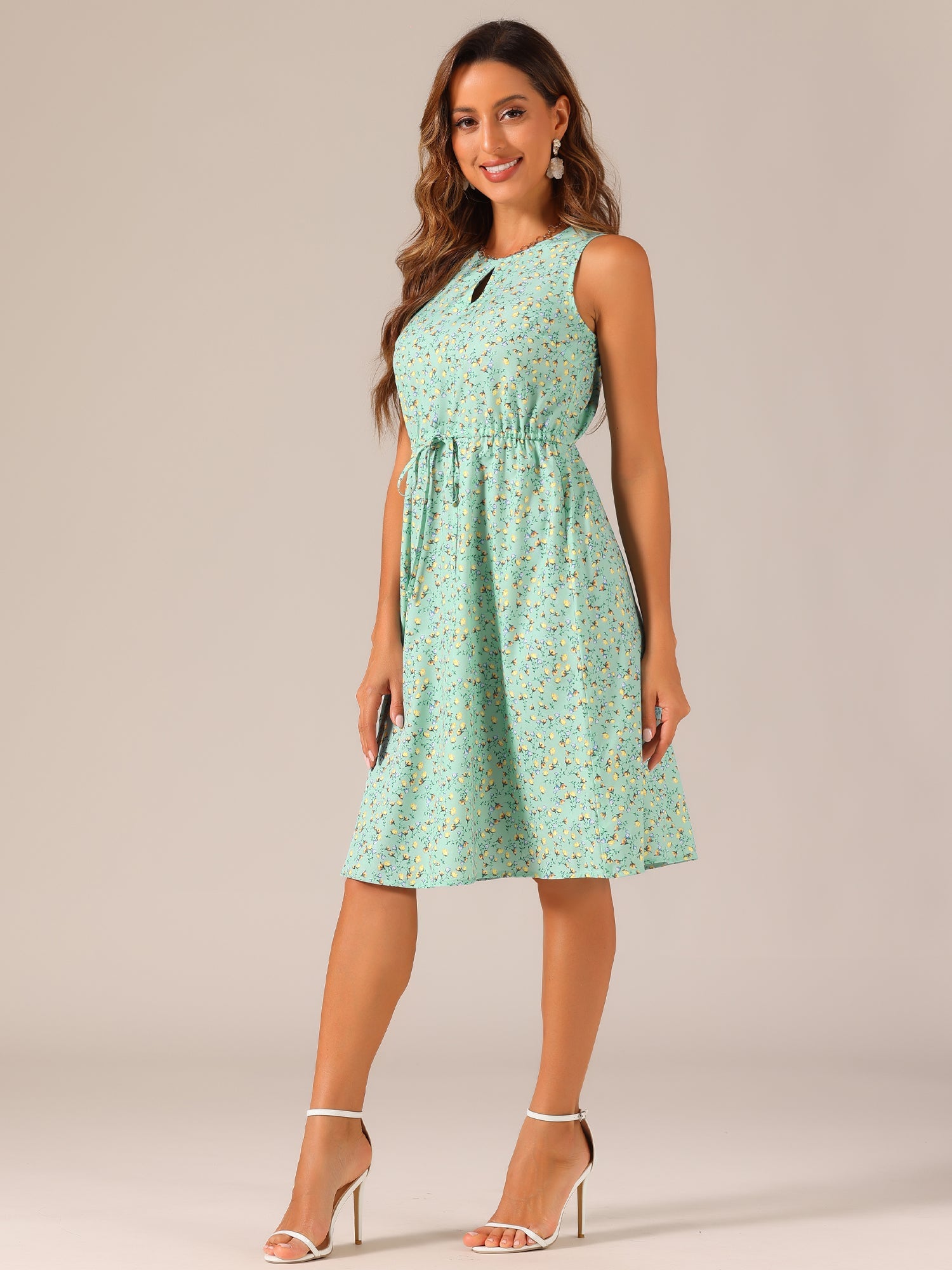 Floral Drawstring Waist Sleeveless A-Line Midi Dress Sundress