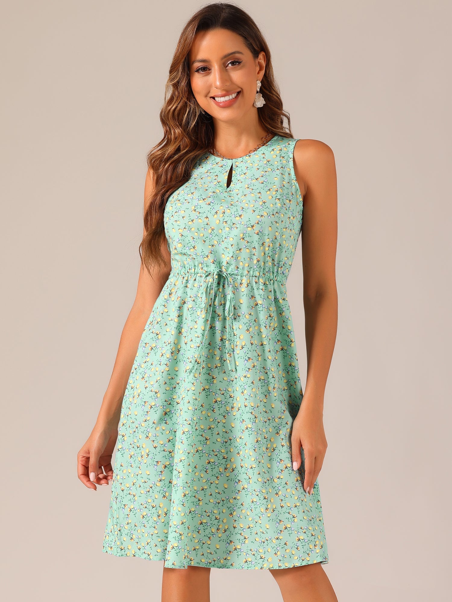Floral Drawstring Waist Sleeveless A-Line Midi Dress Sundress