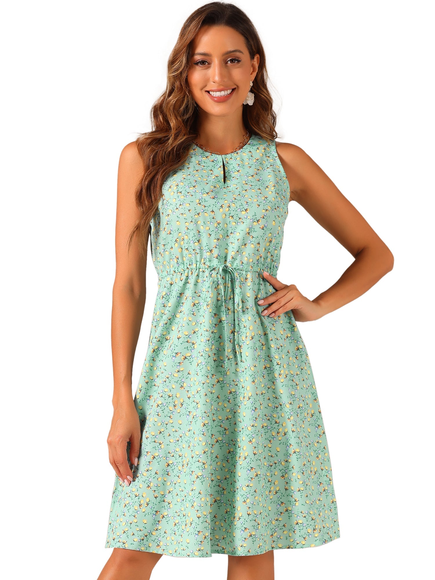 Floral Drawstring Waist Sleeveless A-Line Midi Dress Sundress