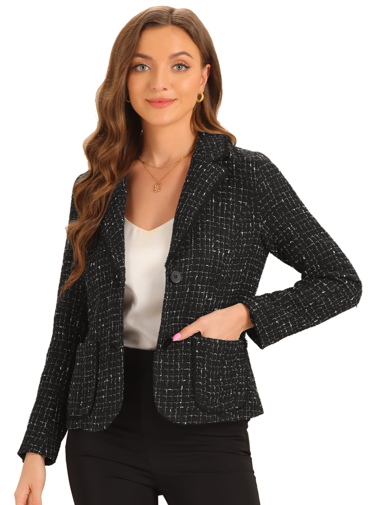 Plaid Tweed Notched Lapel Button Long Sleeve Blazer Jackets