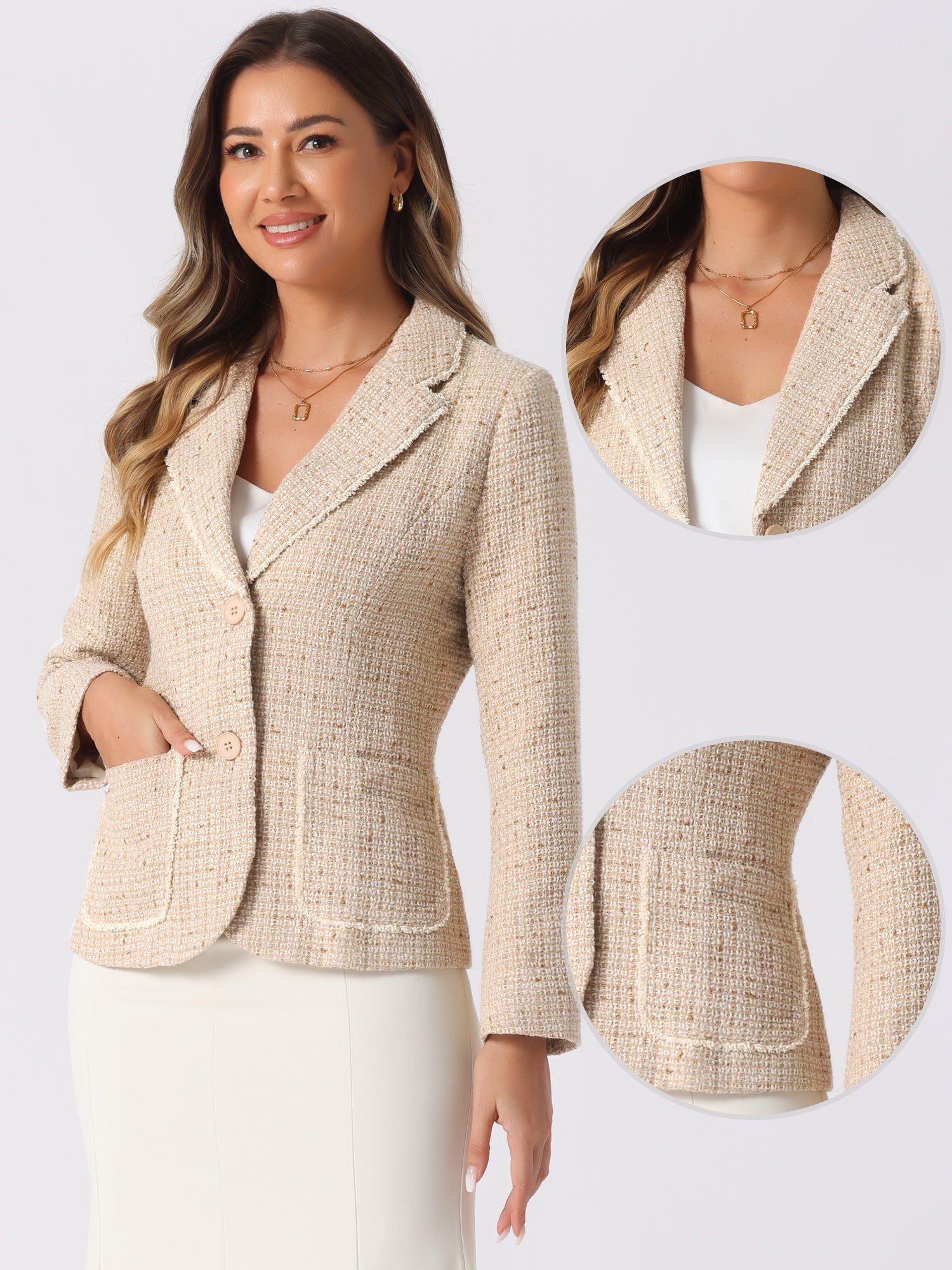 Plaid Tweed Notched Lapel Button Long Sleeve Blazer Jackets
