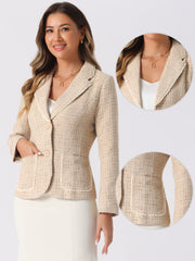 Plaid Tweed Notched Lapel Button Long Sleeve Blazer Jackets