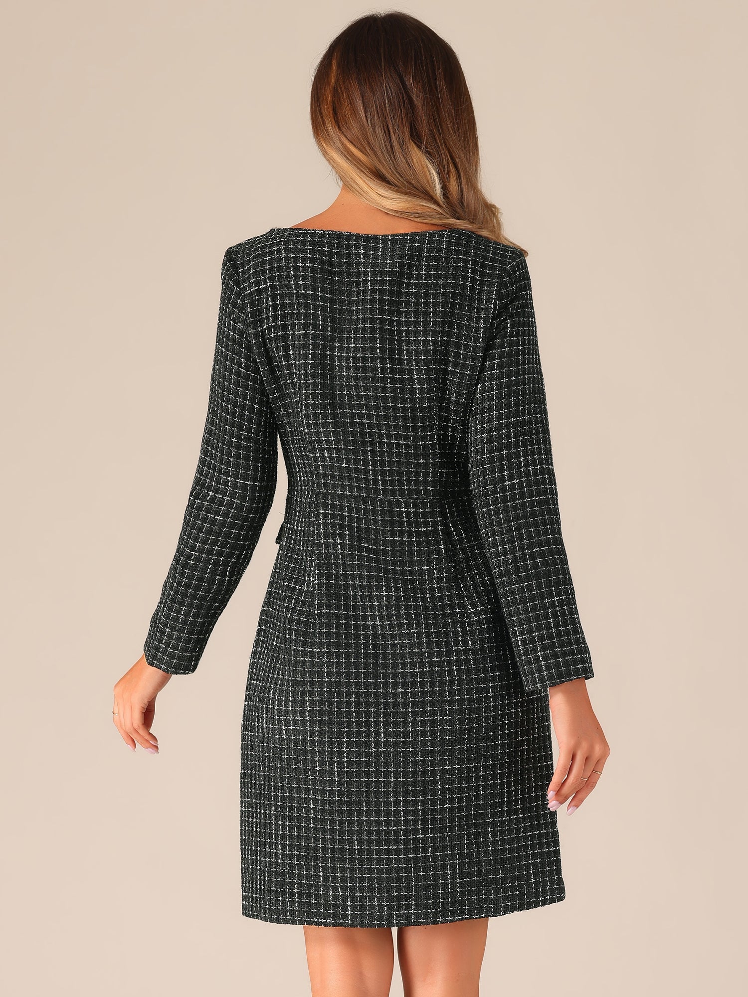 Tweed Square Neck Long Sleeve Pockets Plaid Mini Dress
