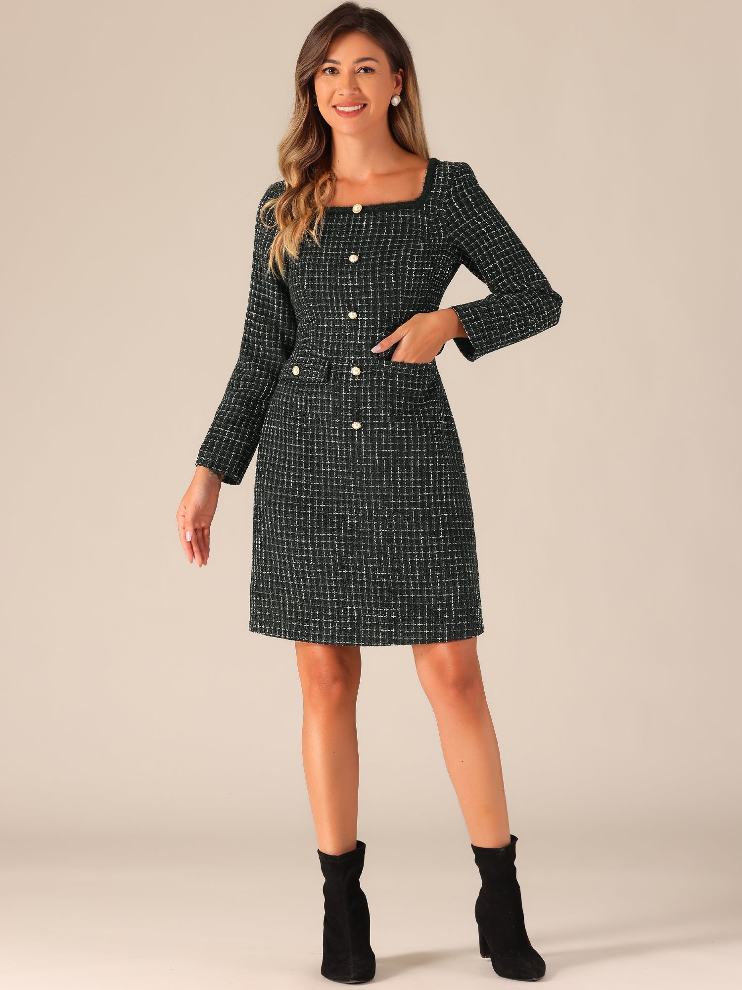 Tweed Square Neck Long Sleeve Pockets Plaid Mini Dress