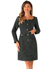 Tweed Square Neck Long Sleeve Pockets Plaid Mini Dress