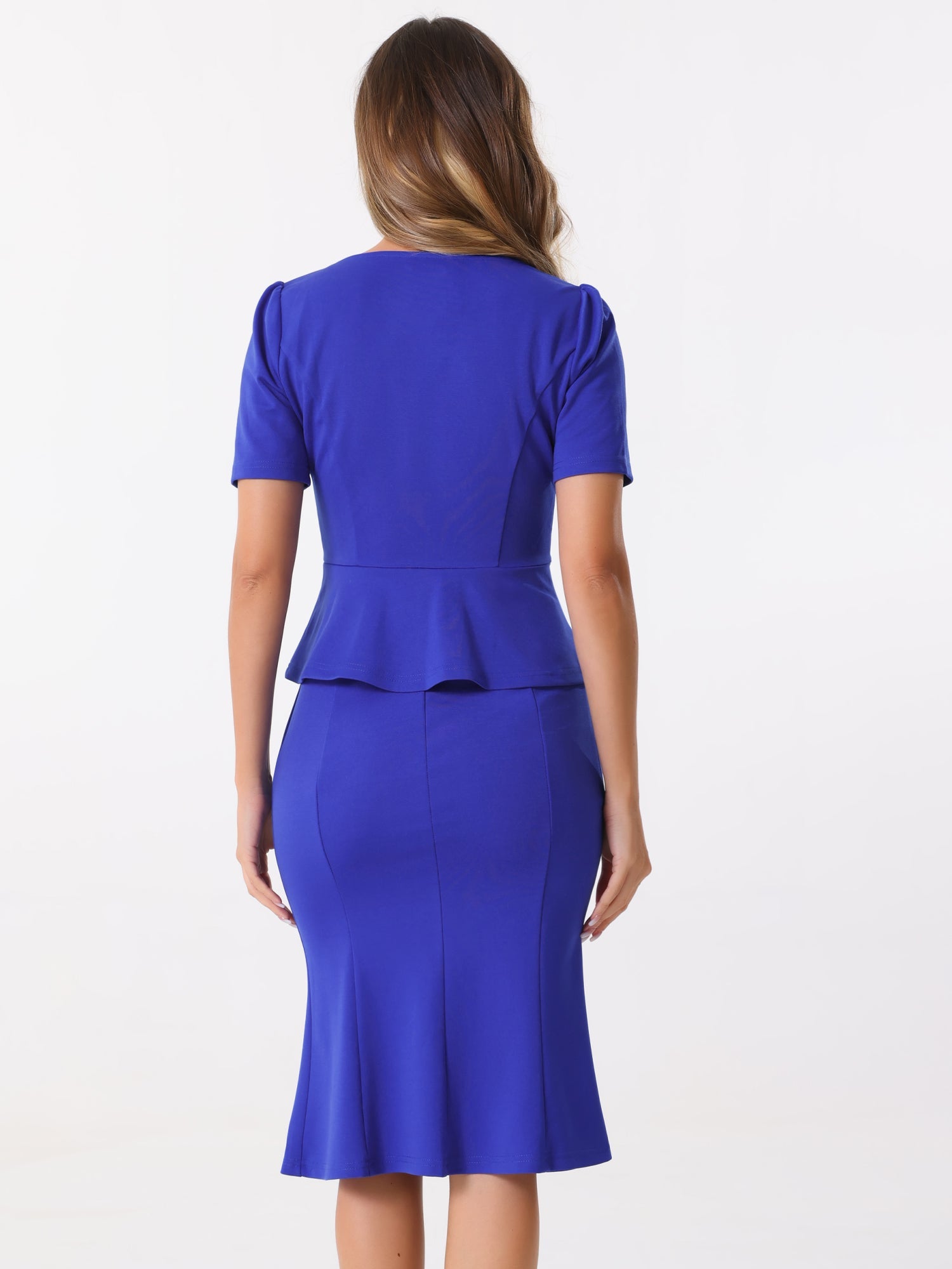 2PCS Square Neck Peplum Blouse Fishtail Bodycon Skirt Business Set
