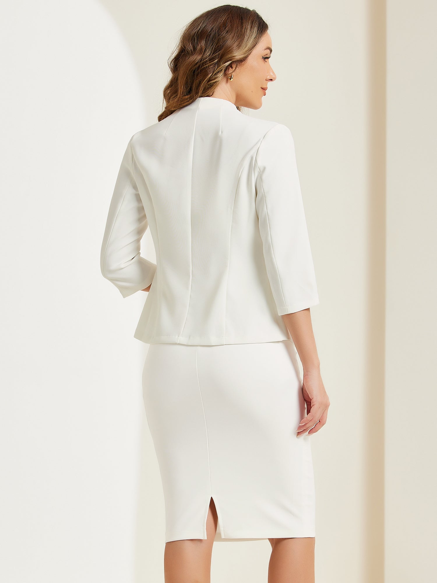 2 Pieces Collarless 3/4 Sleeves Blazer and Pencil Skirt Office Work Business Suit Set