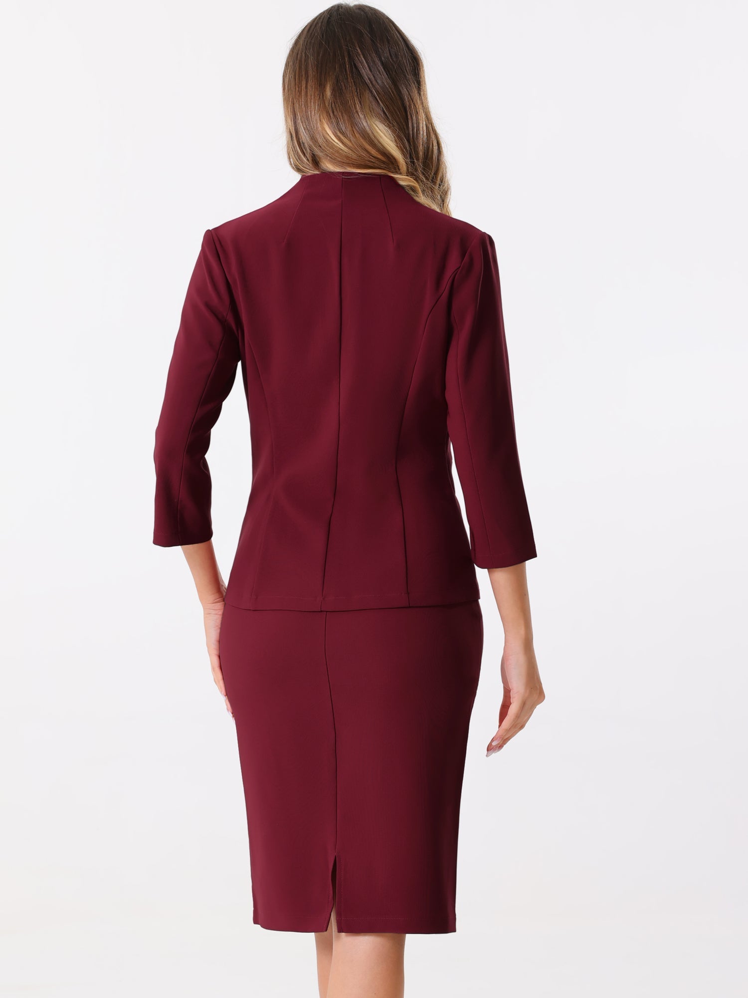 2 Pieces Collarless 3/4 Sleeves Blazer and Pencil Skirt Office Work Business Suit Set