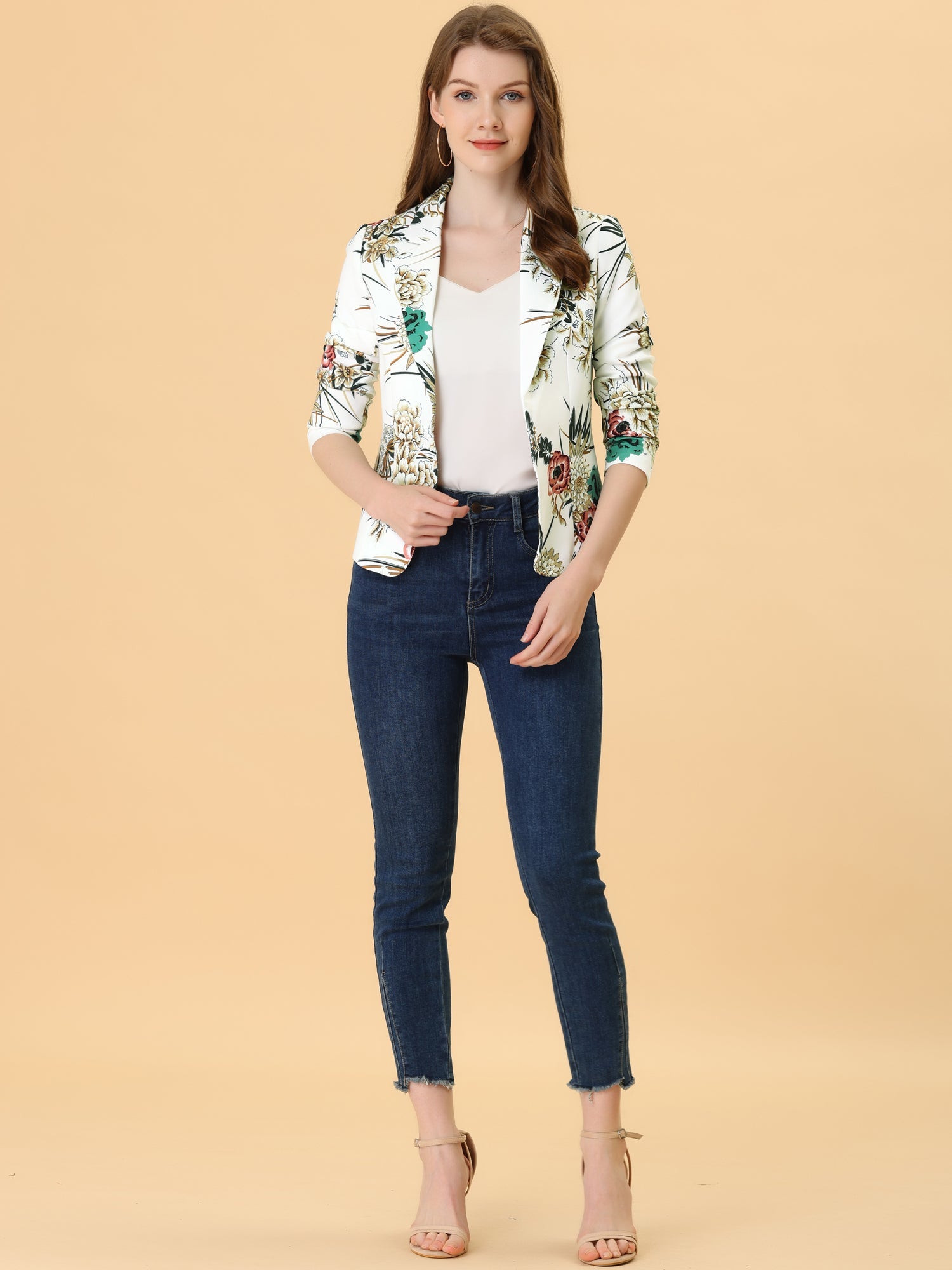 Business Casual Open Front Notch Lapel Plaid Suit Blazer