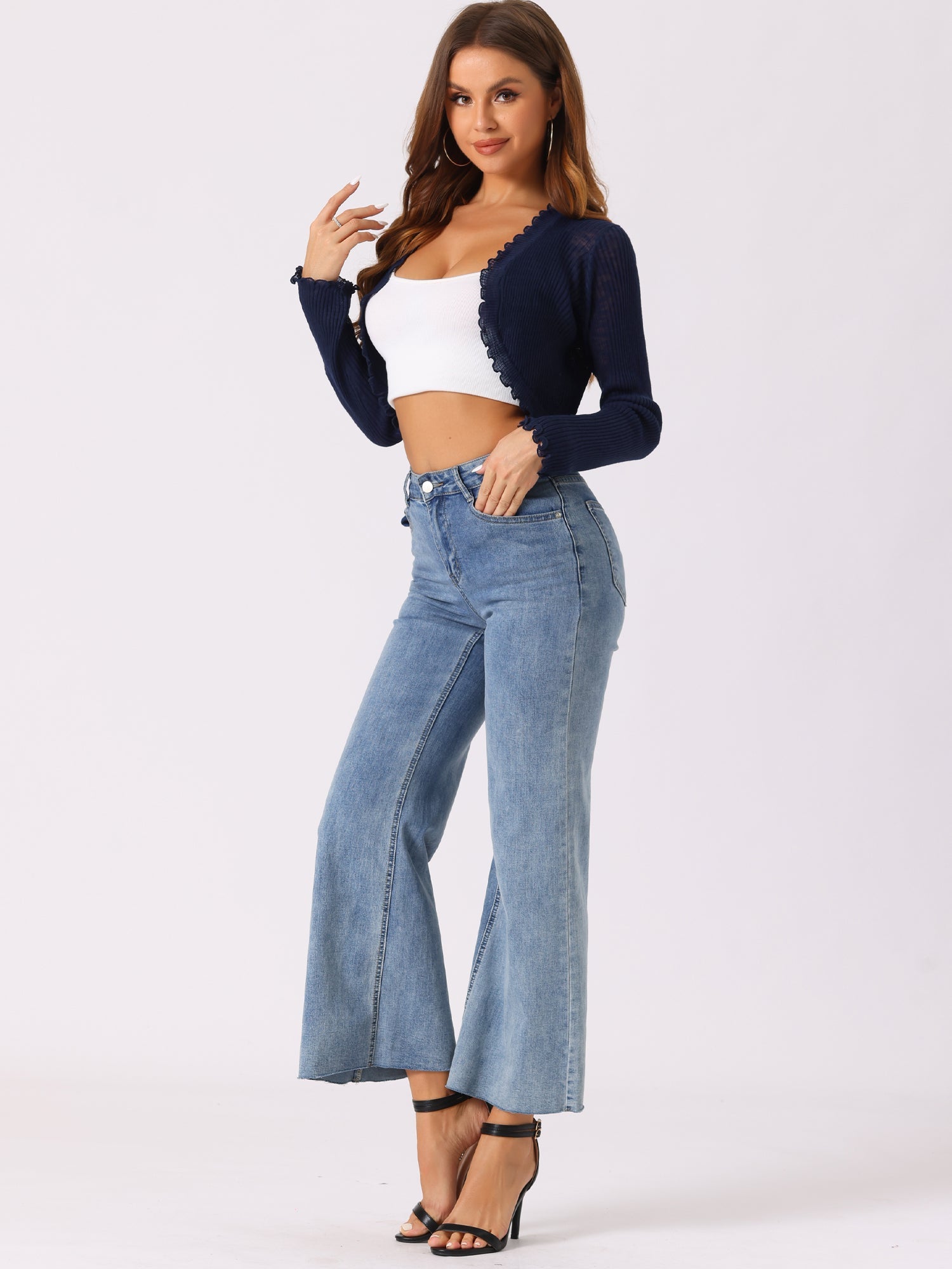 Women's Crop Shrug Ruffle Trim Long Sleeve Knit Elegant Open Front Casual Bolero Cardigan Shrugs