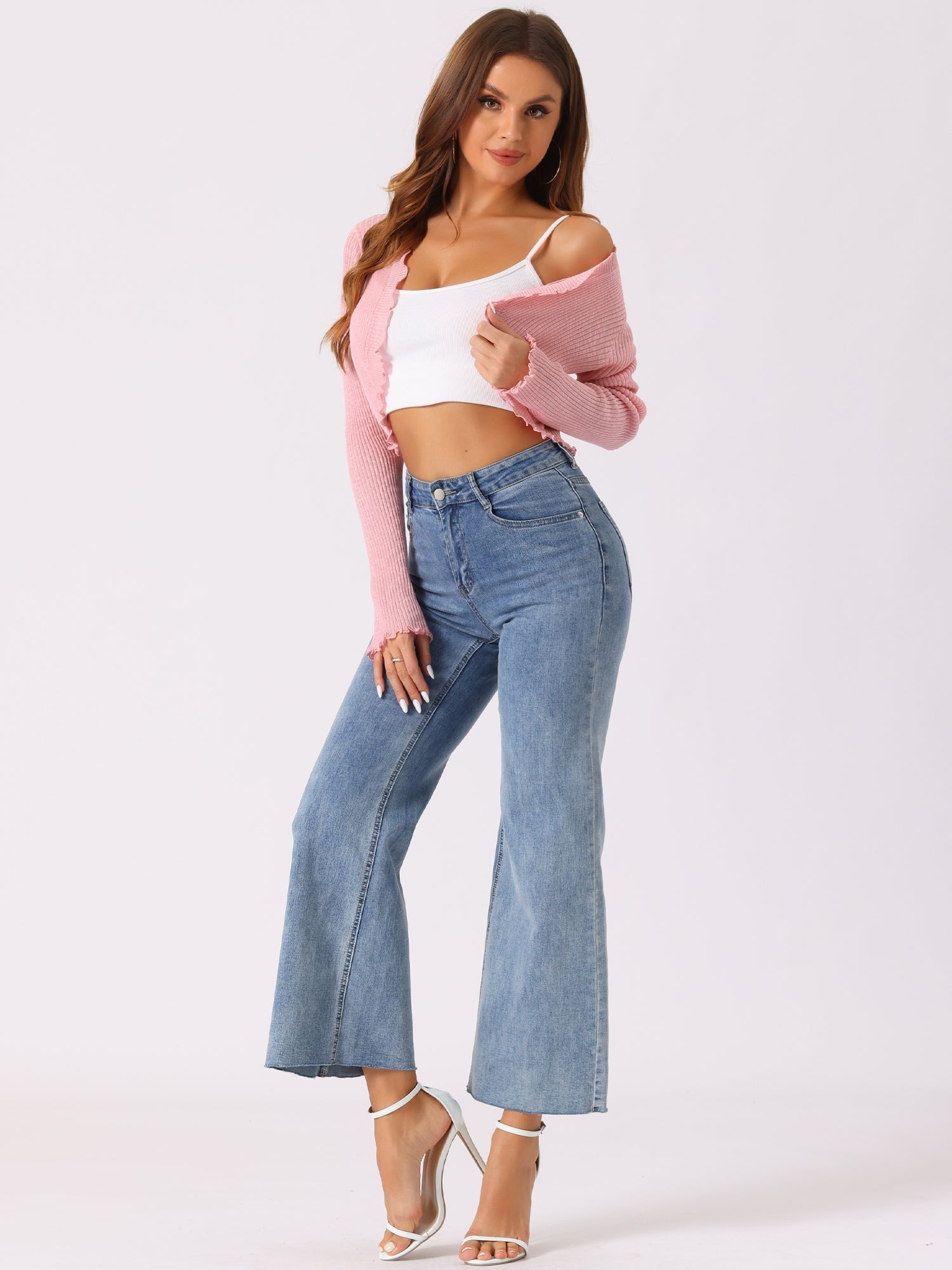 Women's Crop Shrug Ruffle Trim Long Sleeve Knit Elegant Open Front Casual Bolero Cardigan Shrugs