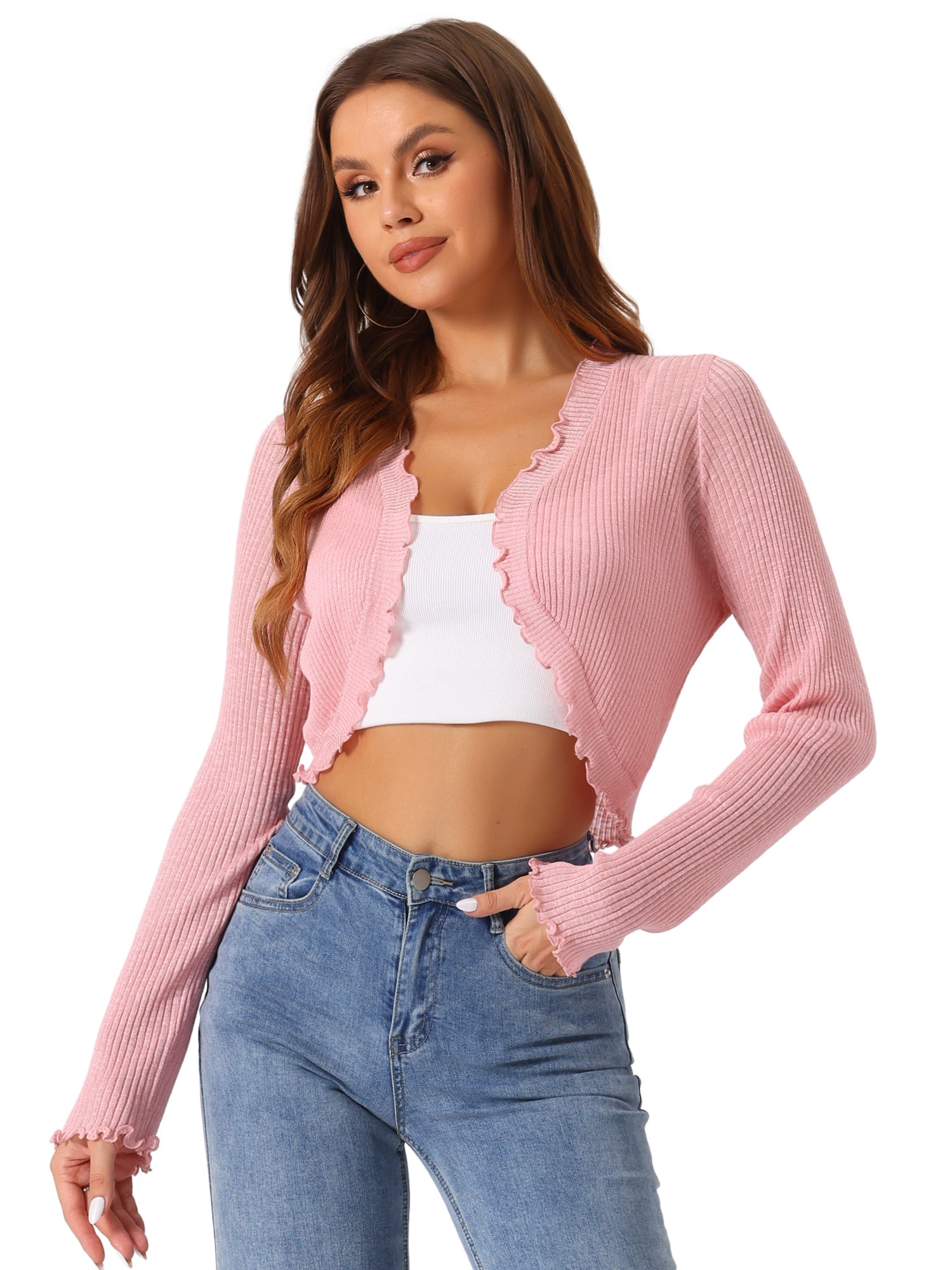 Women's Crop Shrug Ruffle Trim Long Sleeve Knit Elegant Open Front Casual Bolero Cardigan Shrugs