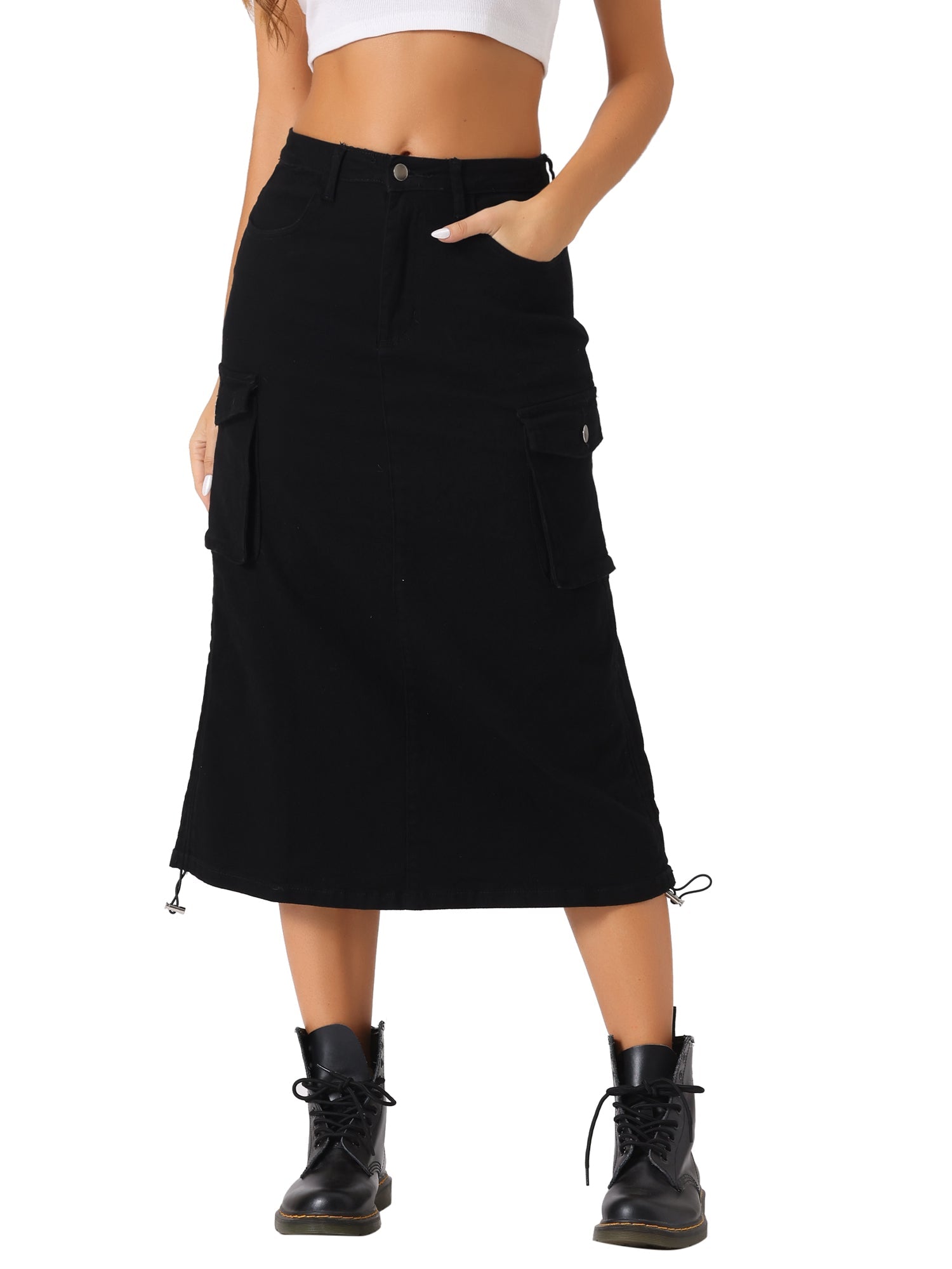 Midi Skirt Flap Pocket Back Slit Drawstring Cargo Skirt
