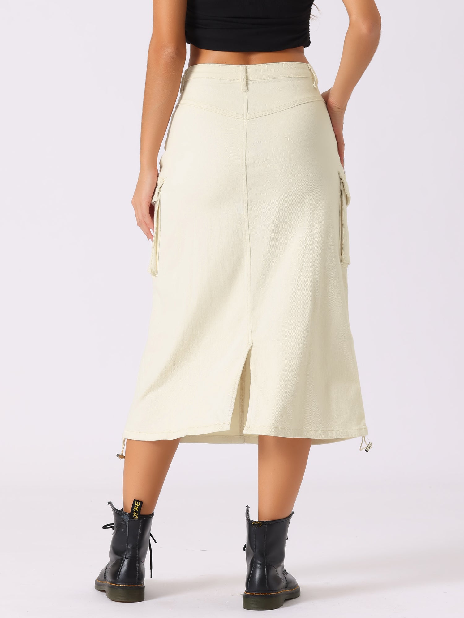 Midi Skirt Flap Pocket Back Slit Drawstring Cargo Skirt