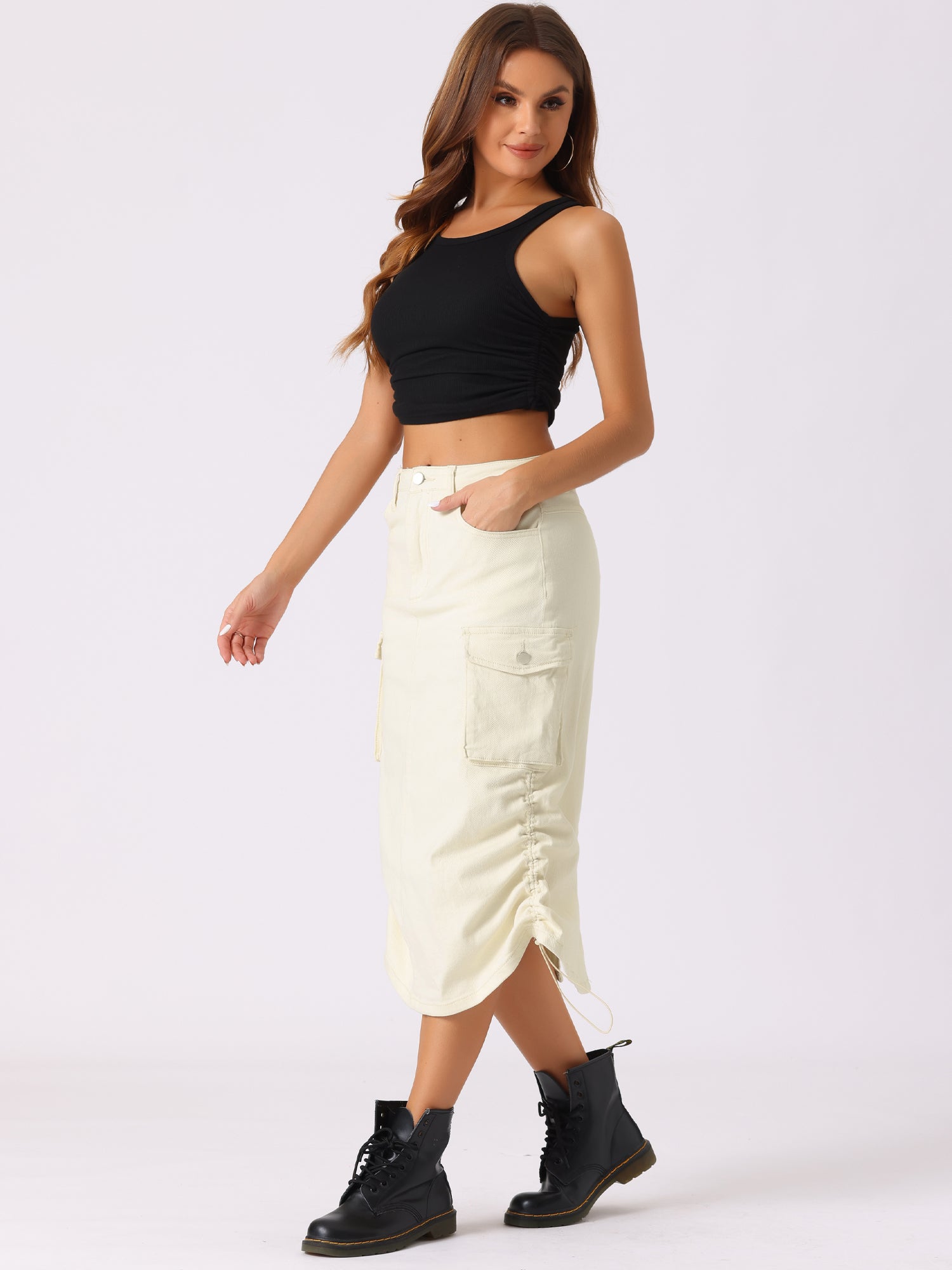 Midi Skirt Flap Pocket Back Slit Drawstring Cargo Skirt