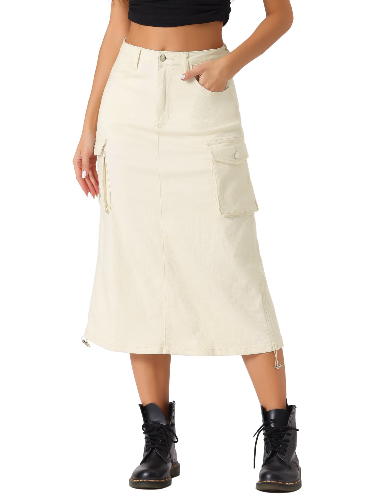 Midi Skirt Flap Pocket Back Slit Drawstring Cargo Skirt
