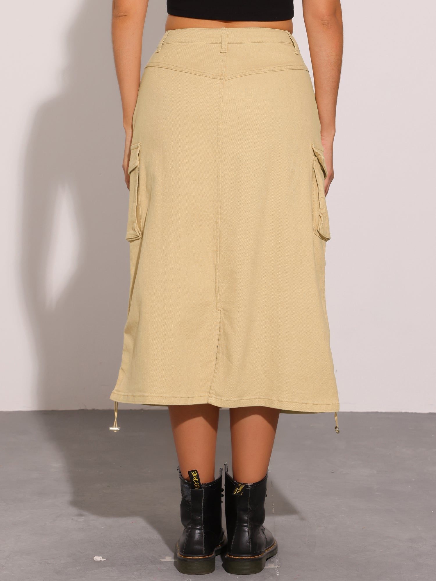 Midi Skirt Flap Pocket Back Slit Drawstring Cargo Skirt