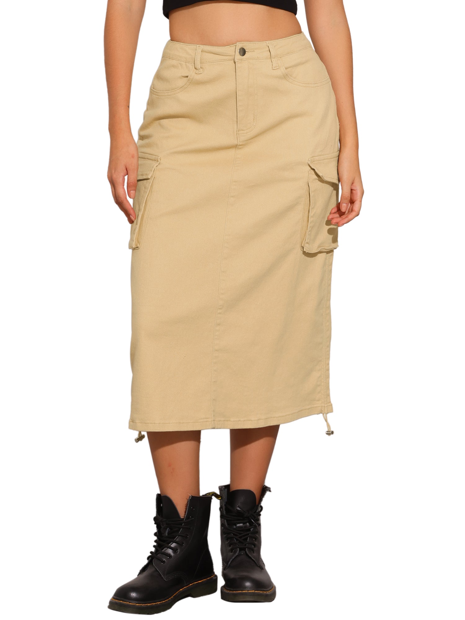 Midi Skirt Flap Pocket Back Slit Drawstring Cargo Skirt