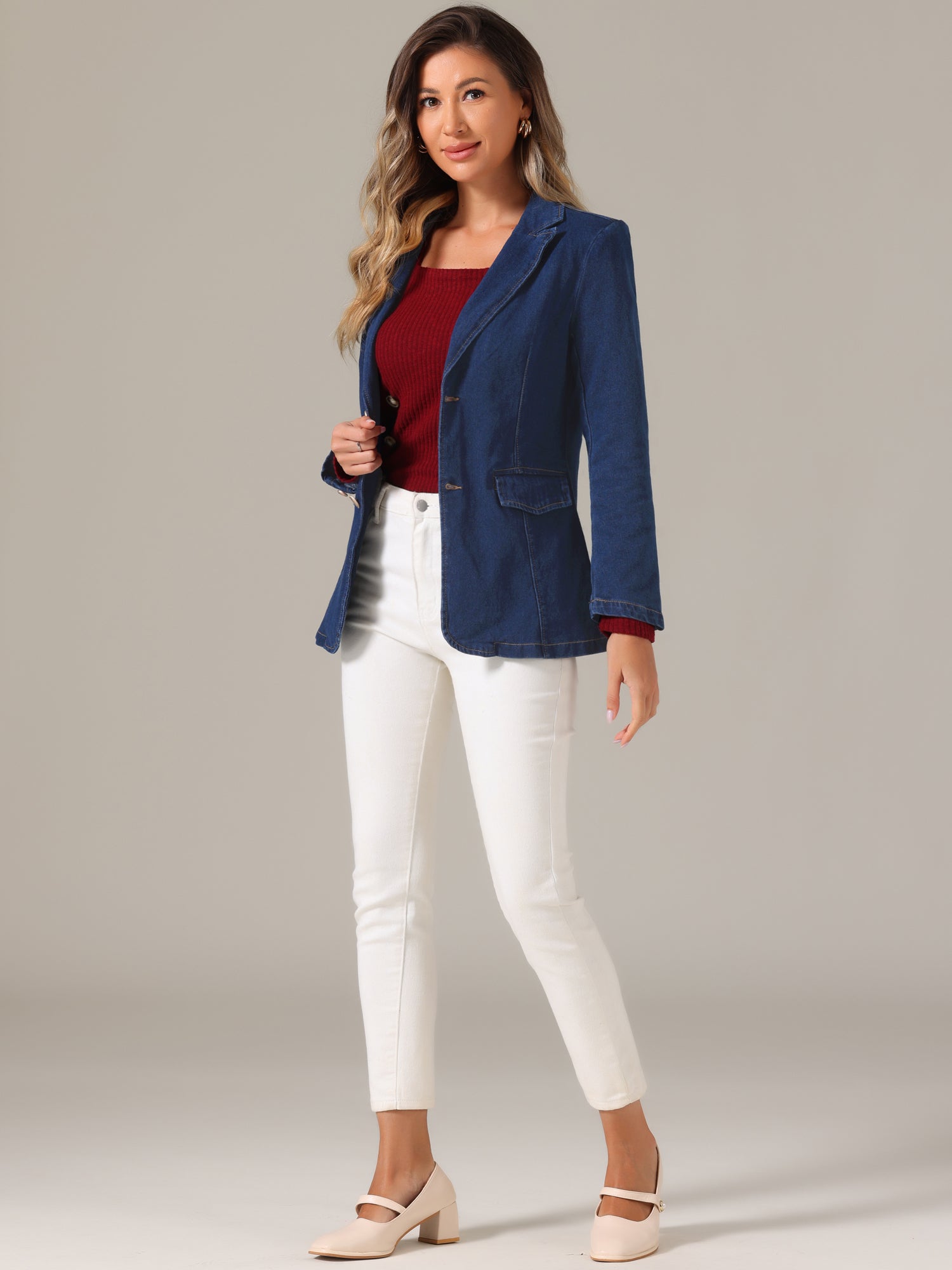 Notched Lapel Denim Single Breasted Shoulder Pad Blazer Jackets