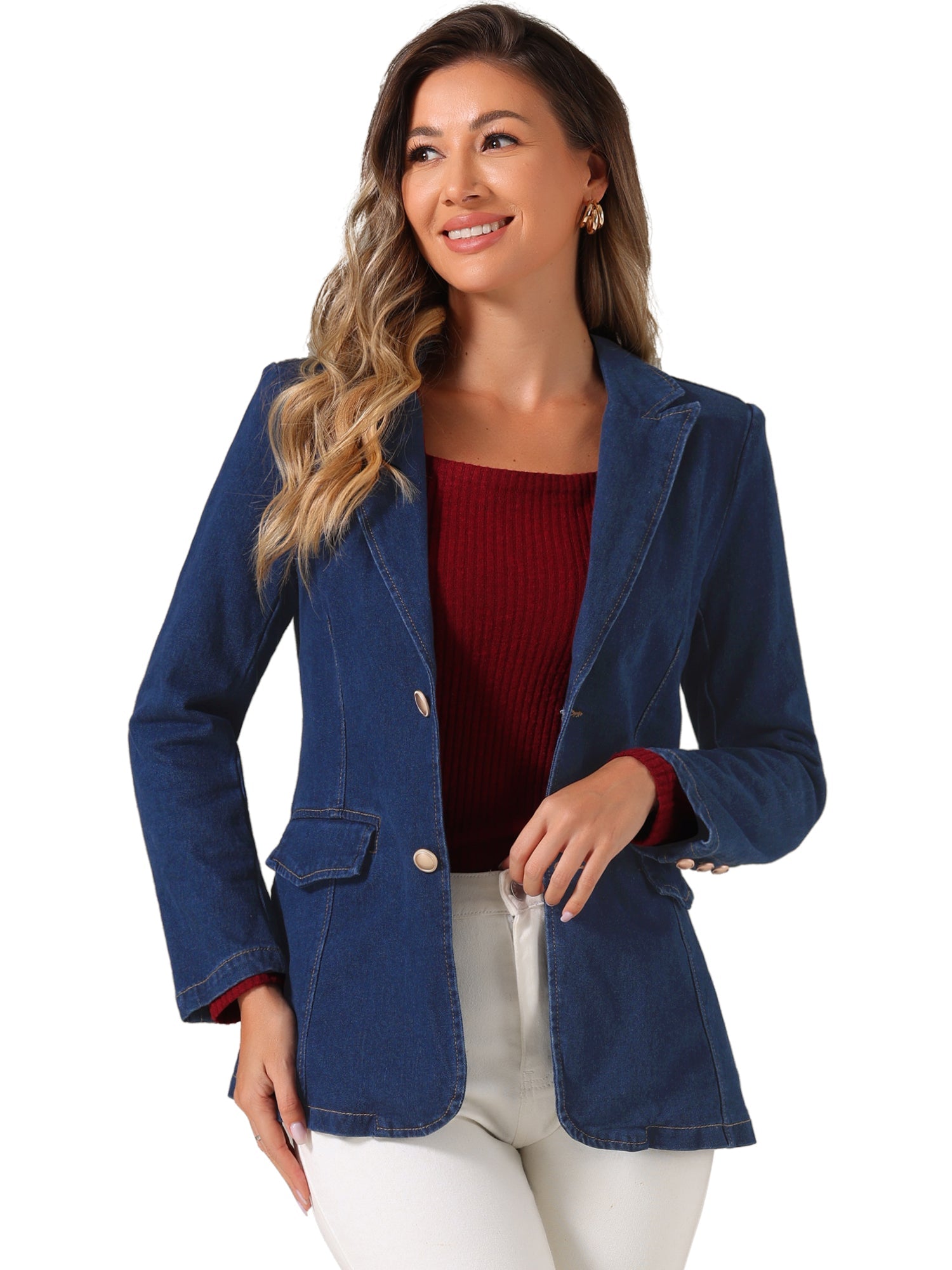 Notched Lapel Denim Single Breasted Shoulder Pad Blazer Jackets