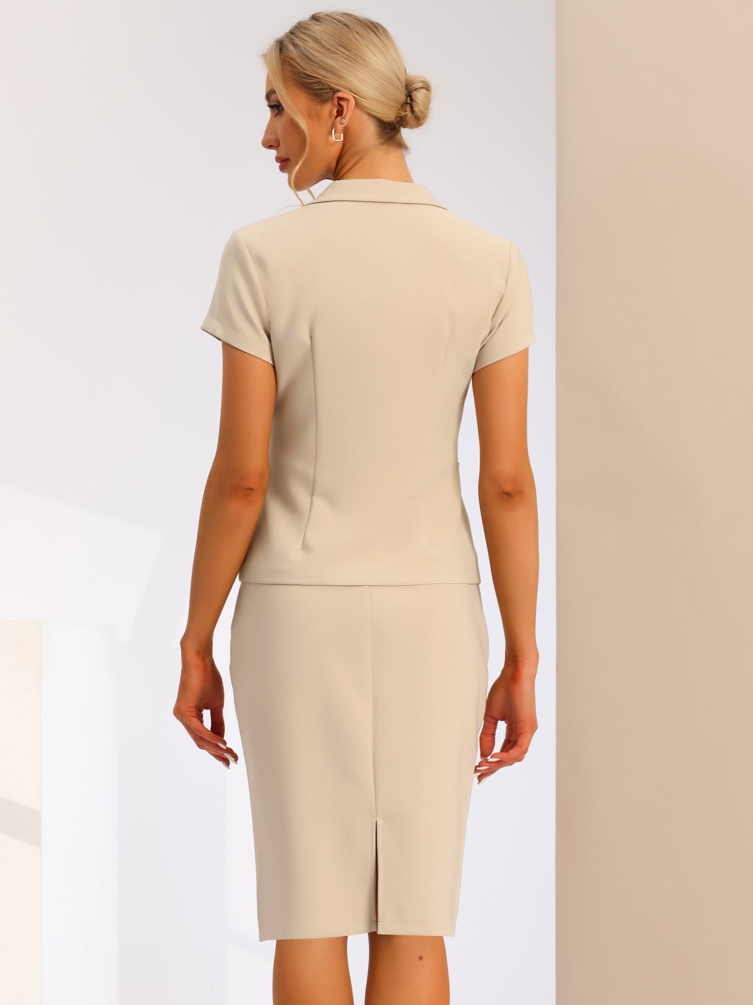 2 Piece Short Sleeve Notched Lapel Blazer Jacket & Pencil Midi Skirt Suit Set