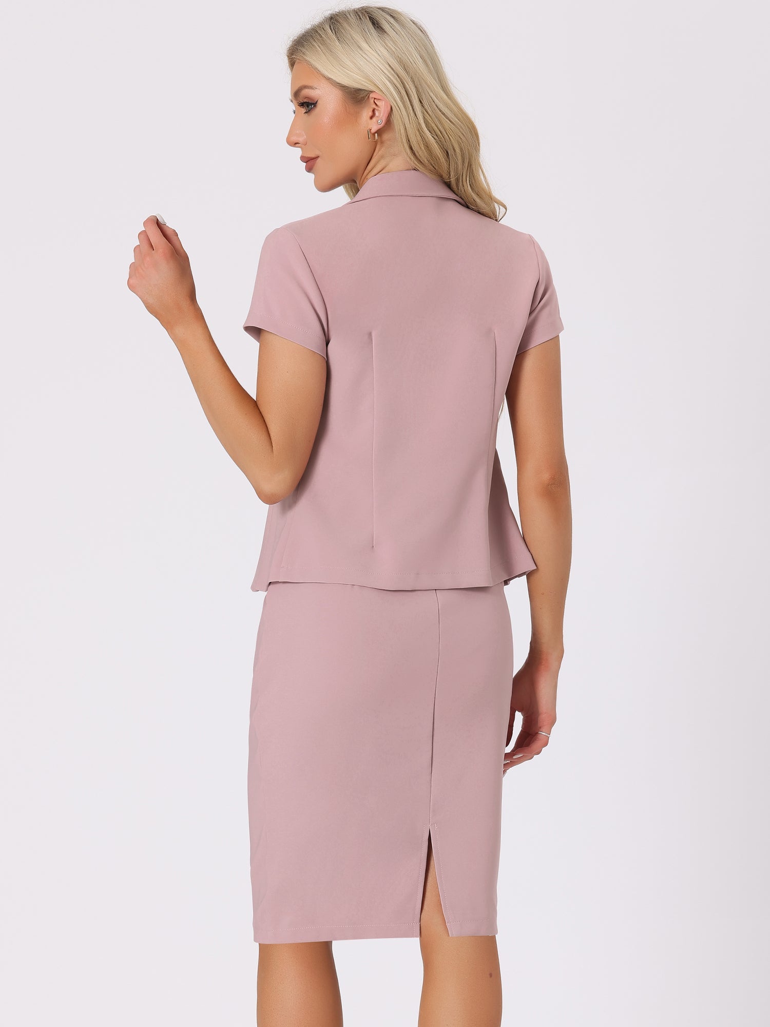 2 Piece Short Sleeve Notched Lapel Blazer & Pencil Midi Skirt Suit Set