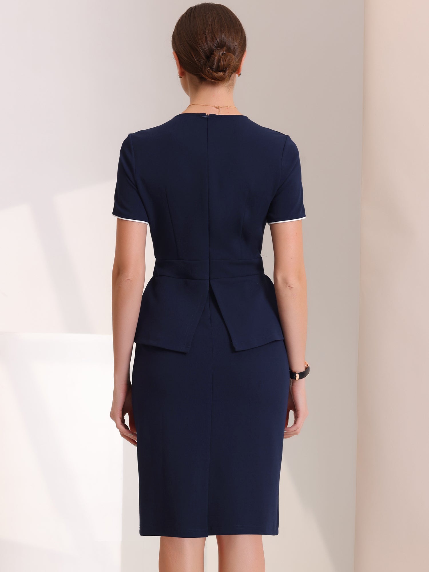 Peplum Pencil Crew Neck Short Sleeve Bodycon Elegant Sheath Dress
